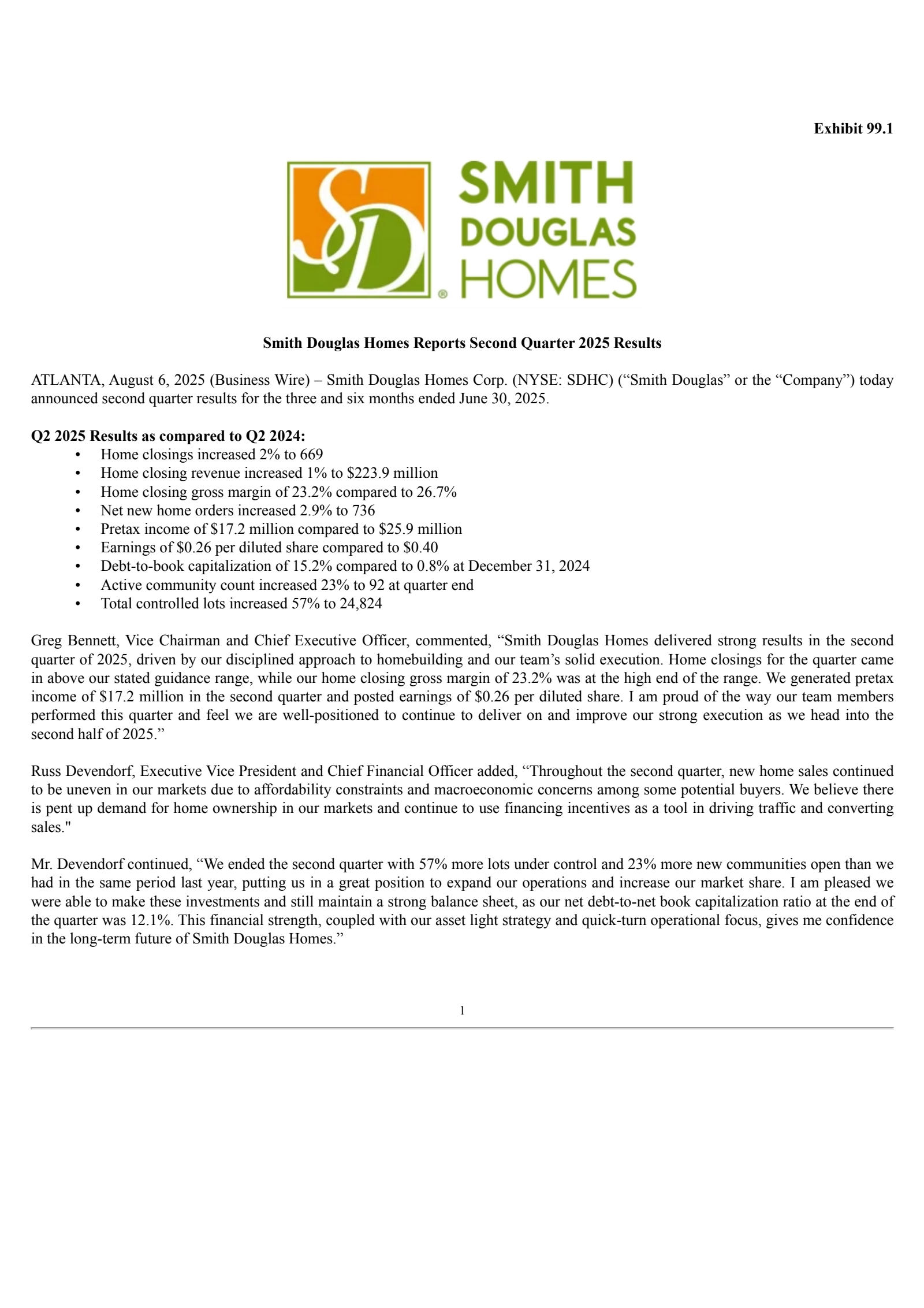 Smith Douglas Homes' Q2 2025 Press Release