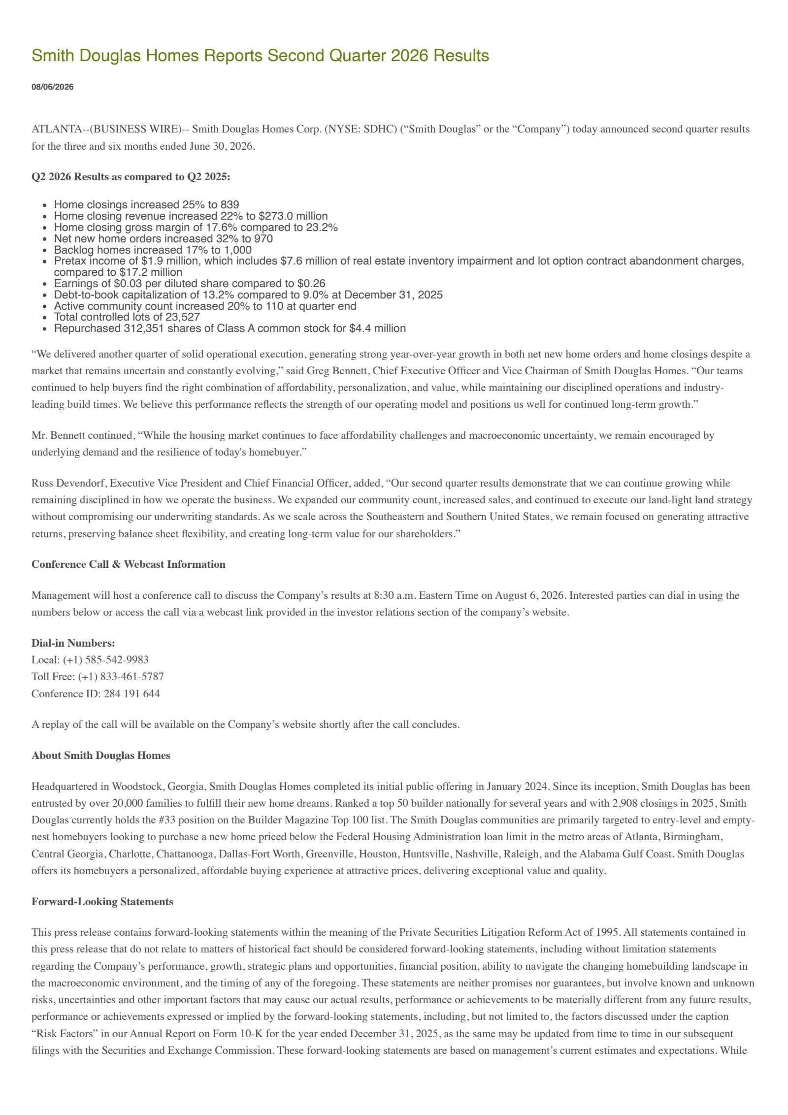 Smith Douglas Homes' Q2 2026 Press Release