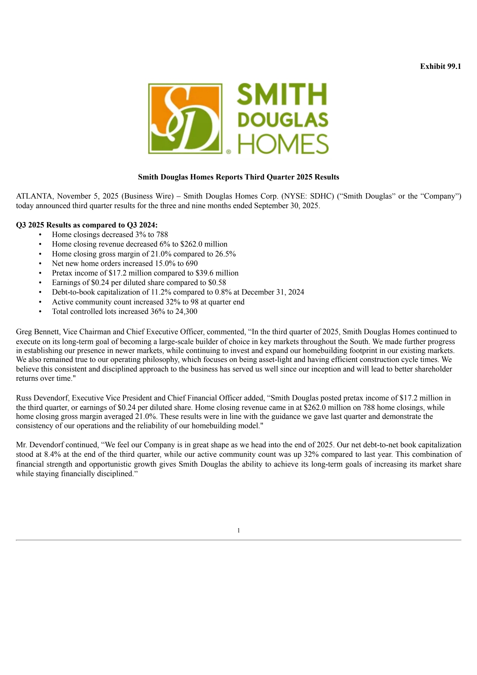 Smith Douglas Homes' Q3 2025 Earnings Release