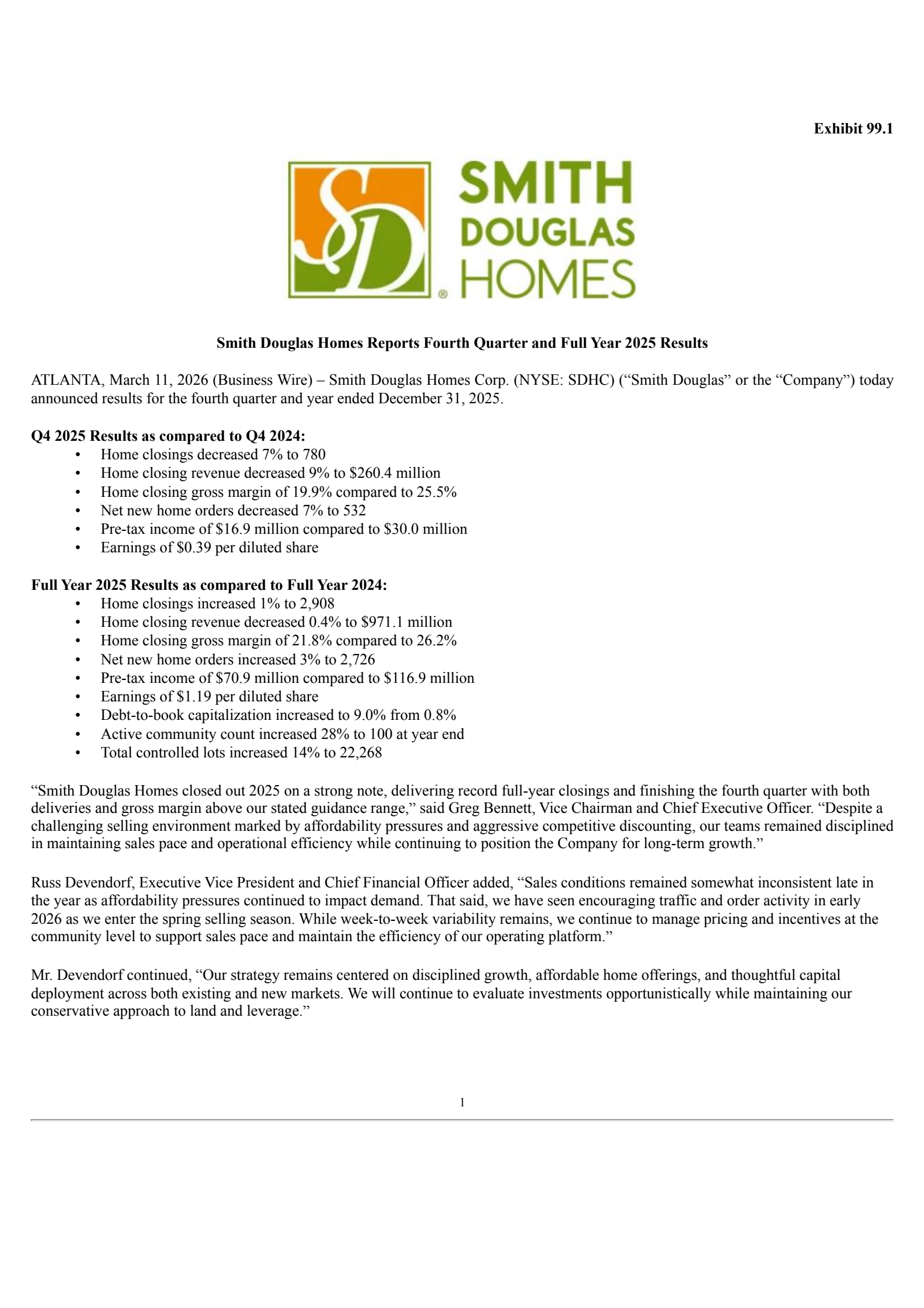 Smith Douglas Homes' Q4 2025 Press Release