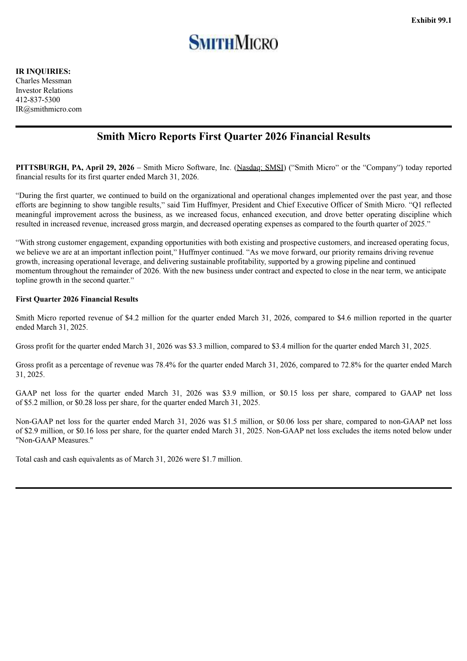 Smith Micro Software's Q1 2026 Press Release