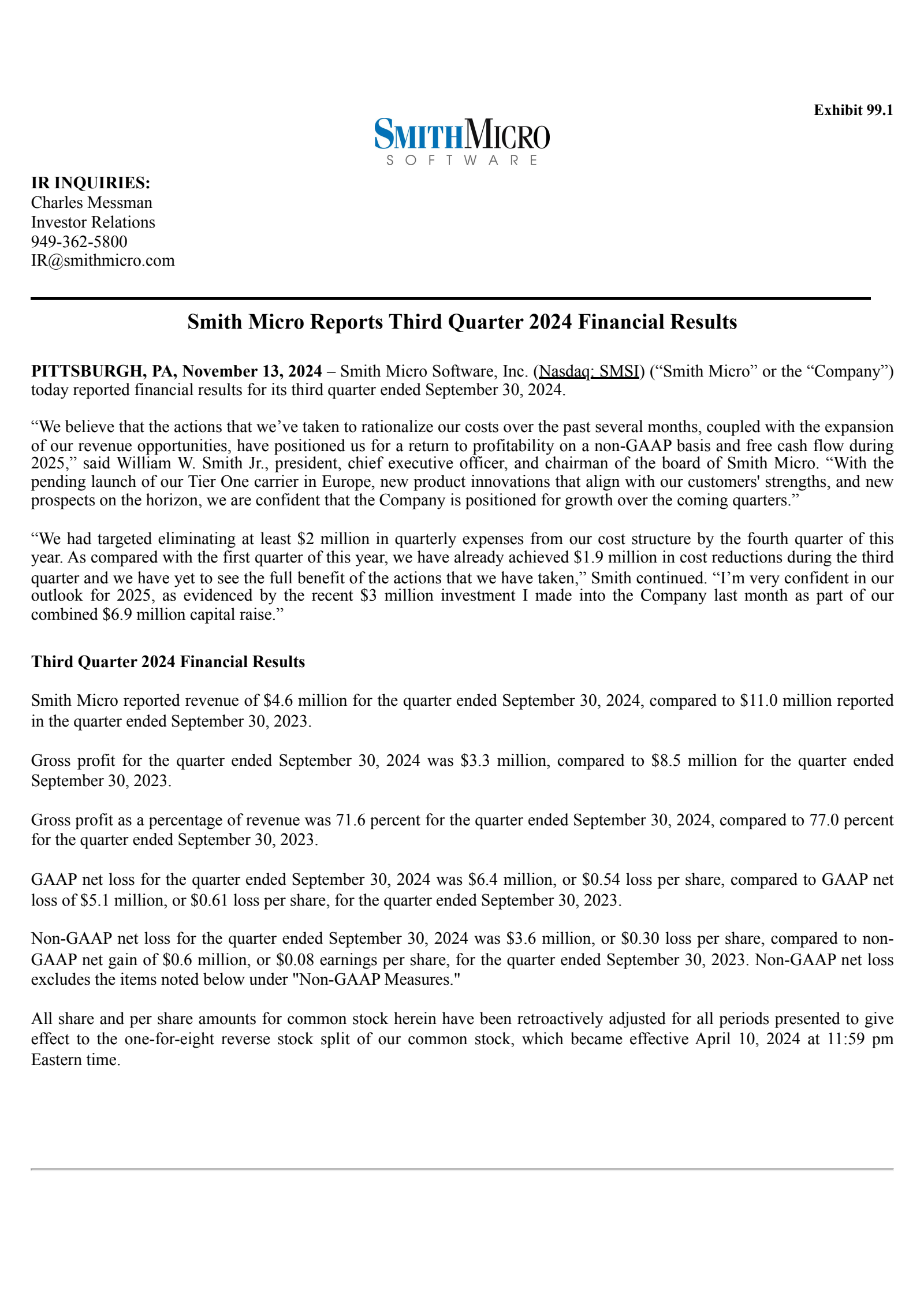 Smith Micro Software's Q3 2024 Press Release