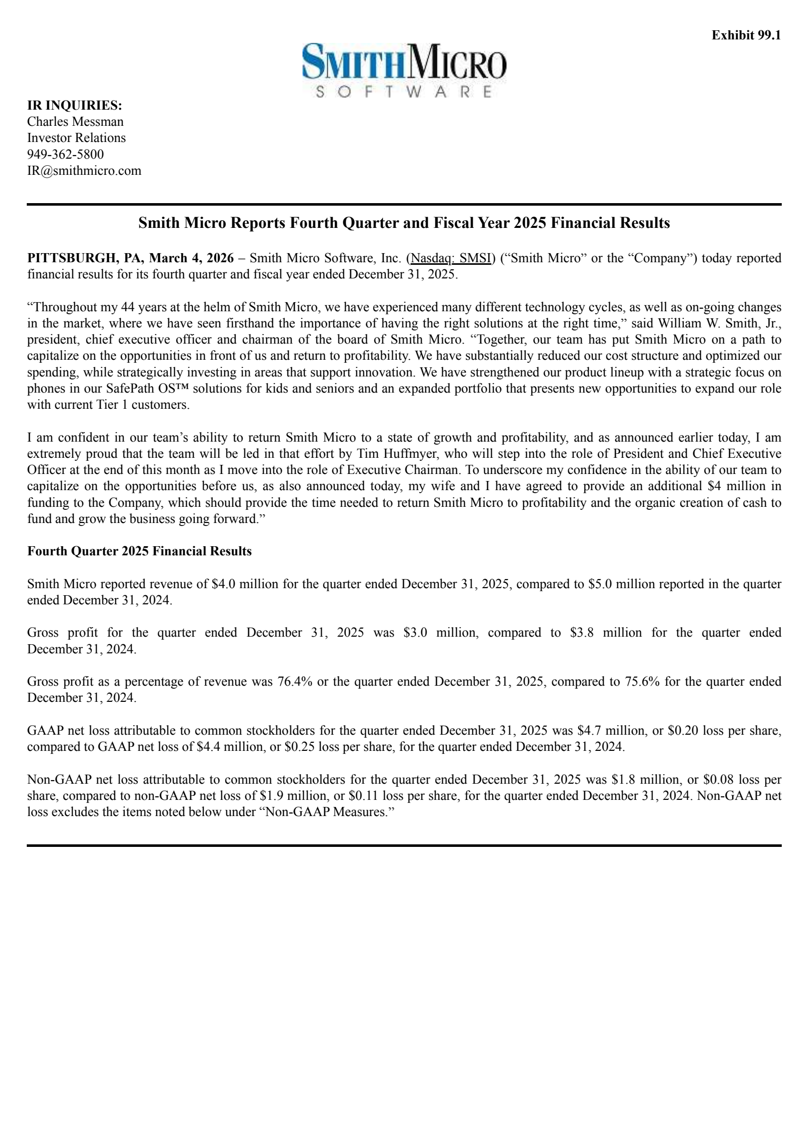 Smith Micro Software's Q4 2025 Press Release