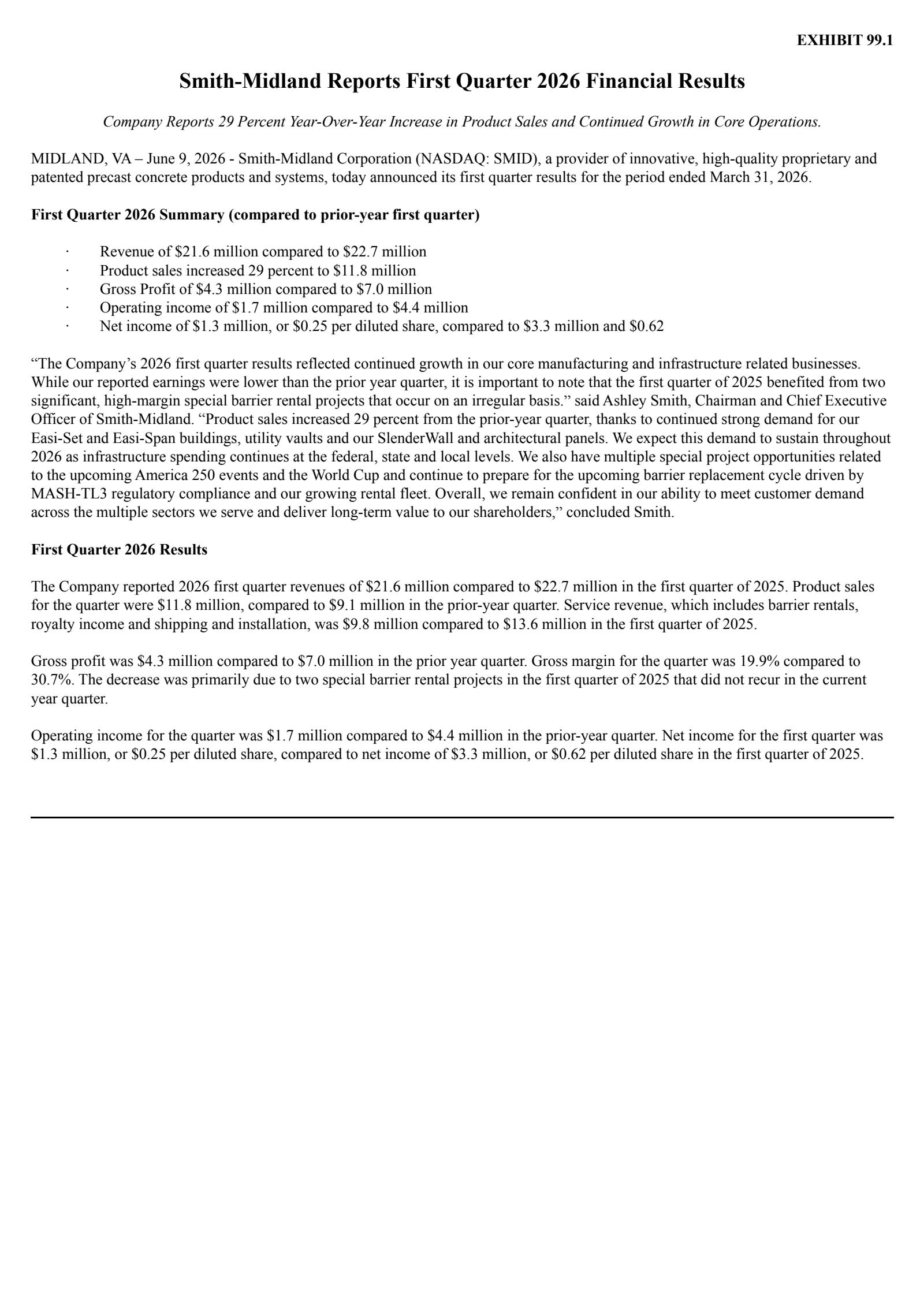 Smith-Midland's Q1 2026 Press Release