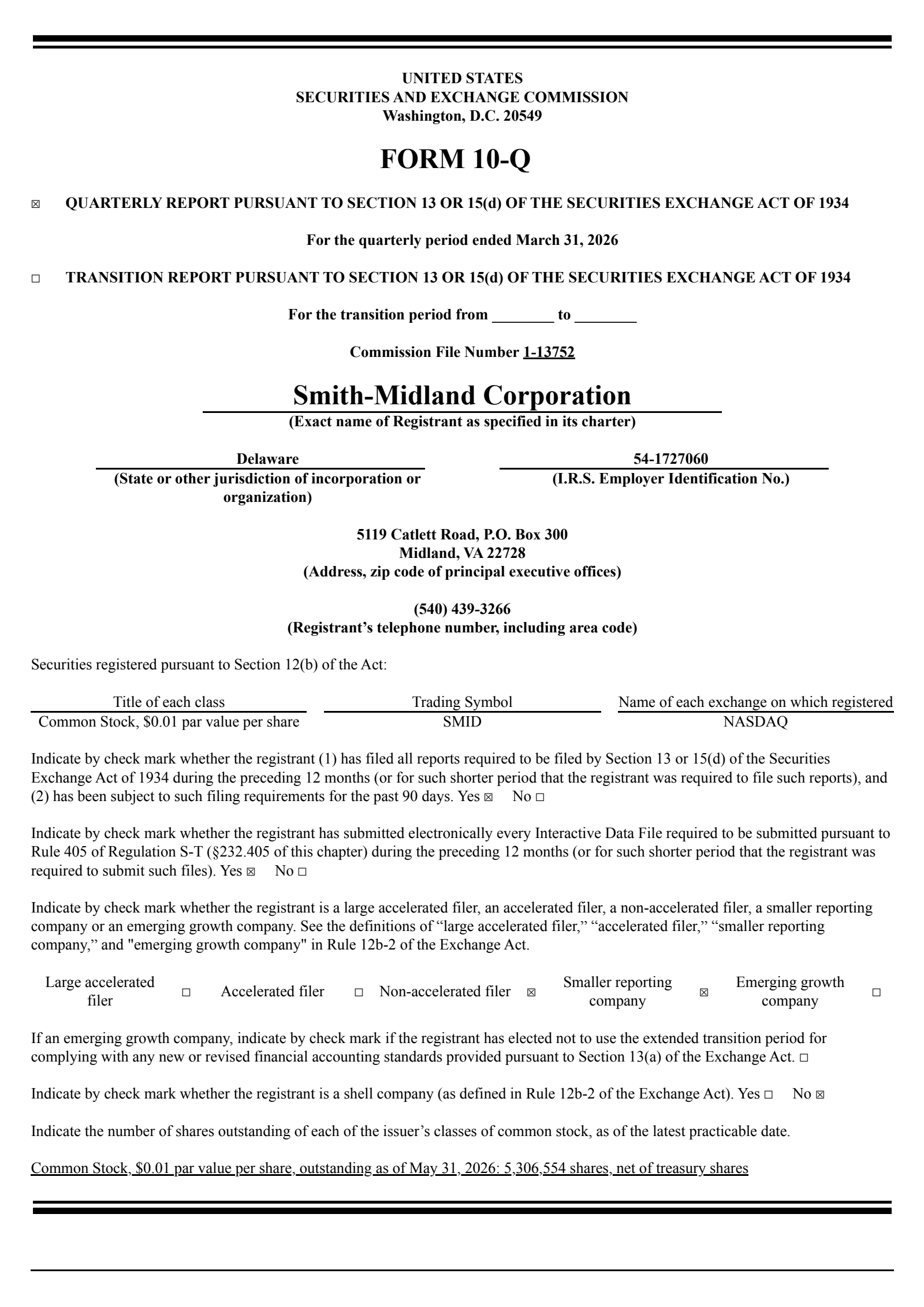 Smith-Midland's Q1 2026 Quarterly report