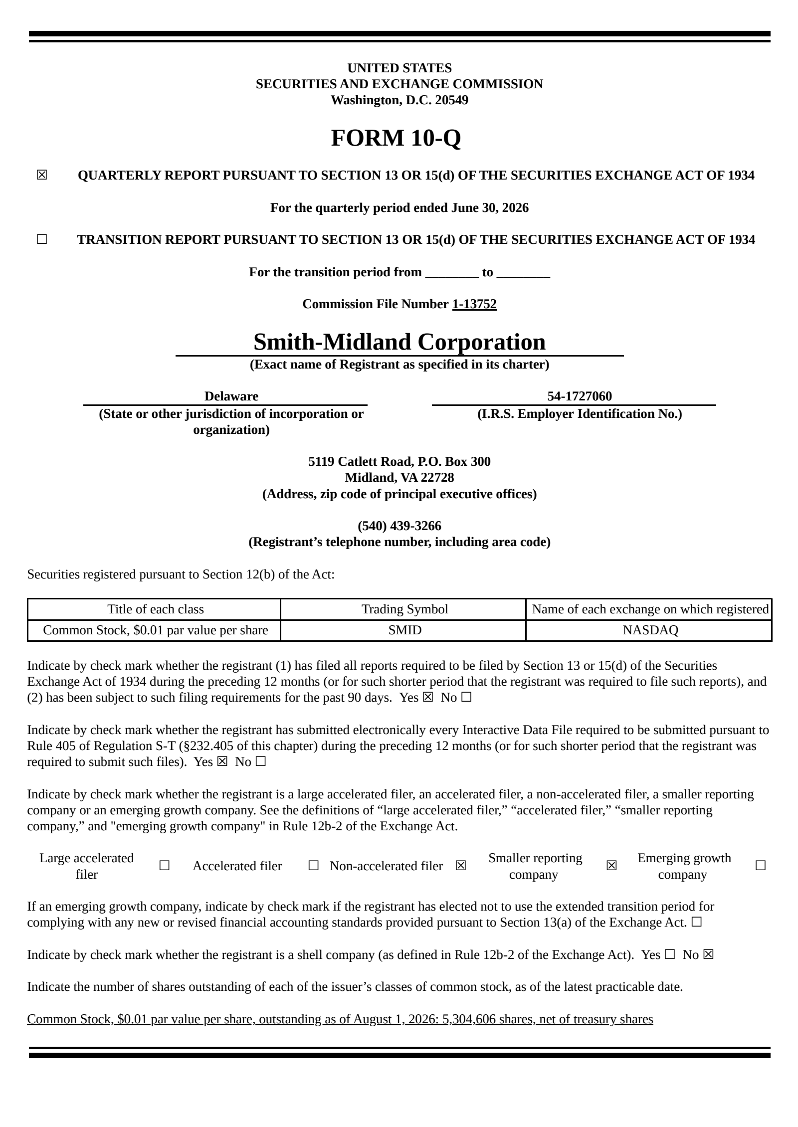 Smith-Midland's Q2 2026 Quarterly report