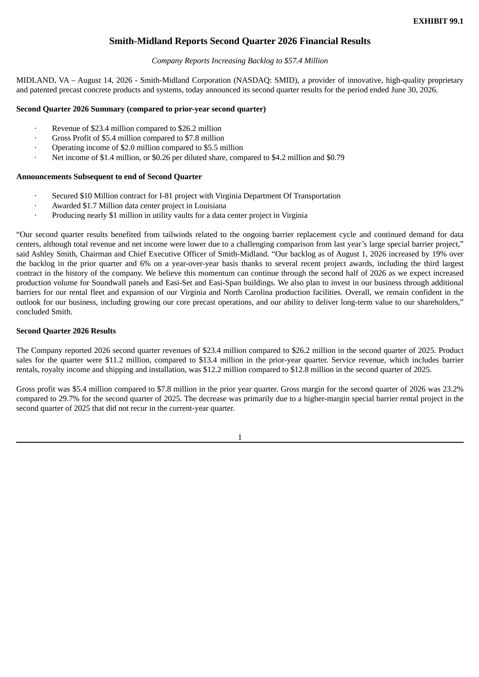 Smith-Midland's Q2 2026 Press Release