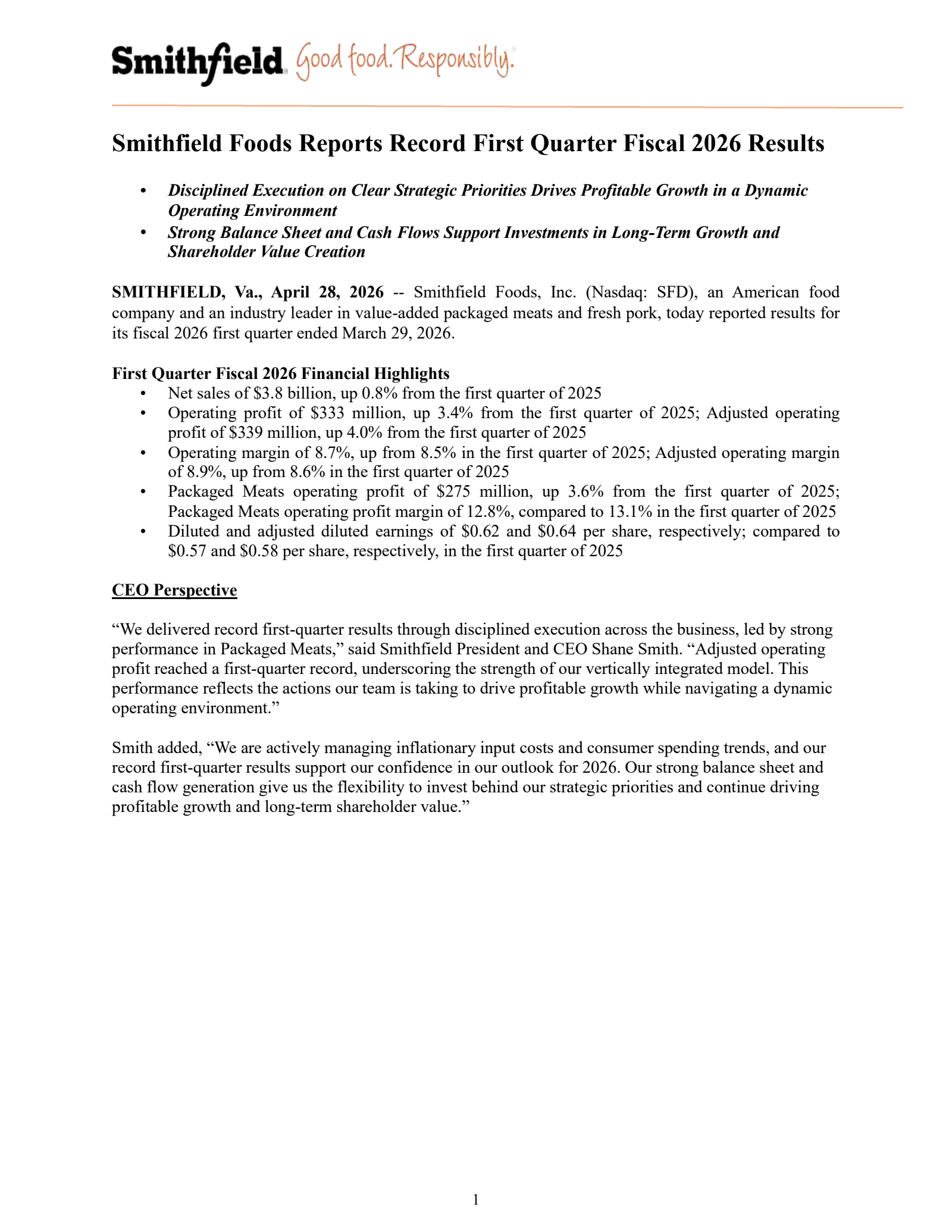Smithfield Foods' Q1 2026 Press Release
