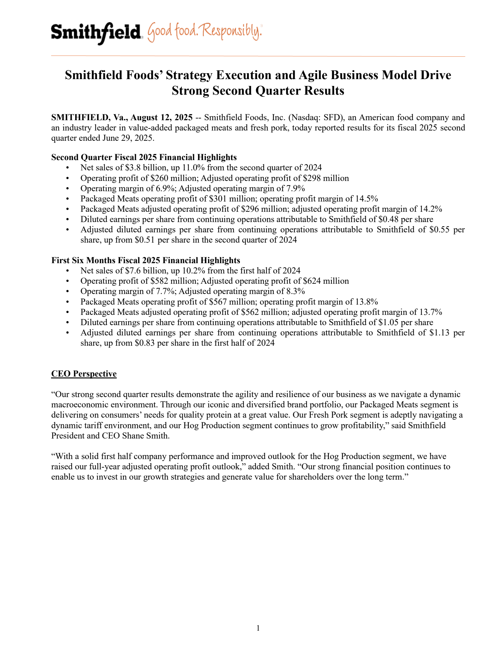 Smithfield Foods' Q2 2025 Press Release