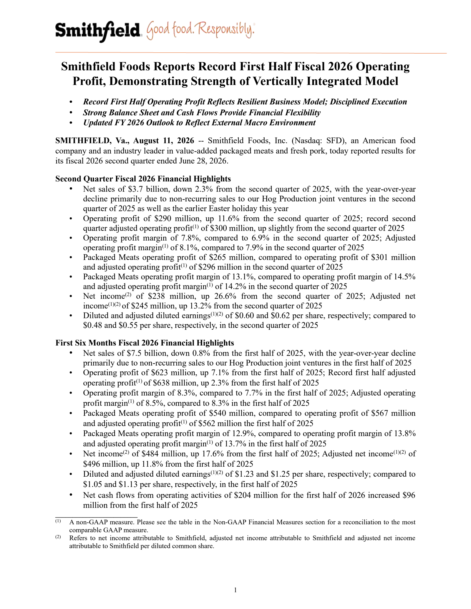 Smithfield Foods' Q2 2026 Press Release