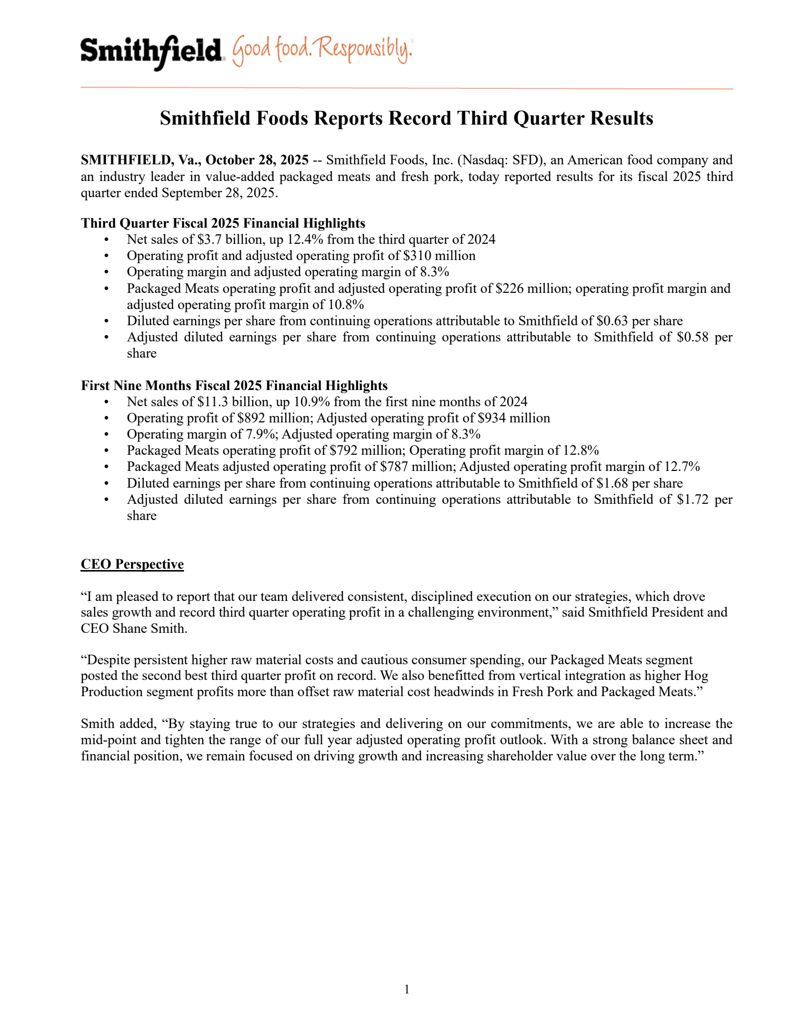 Smithfield Foods' Q3 2025 Earnings Release