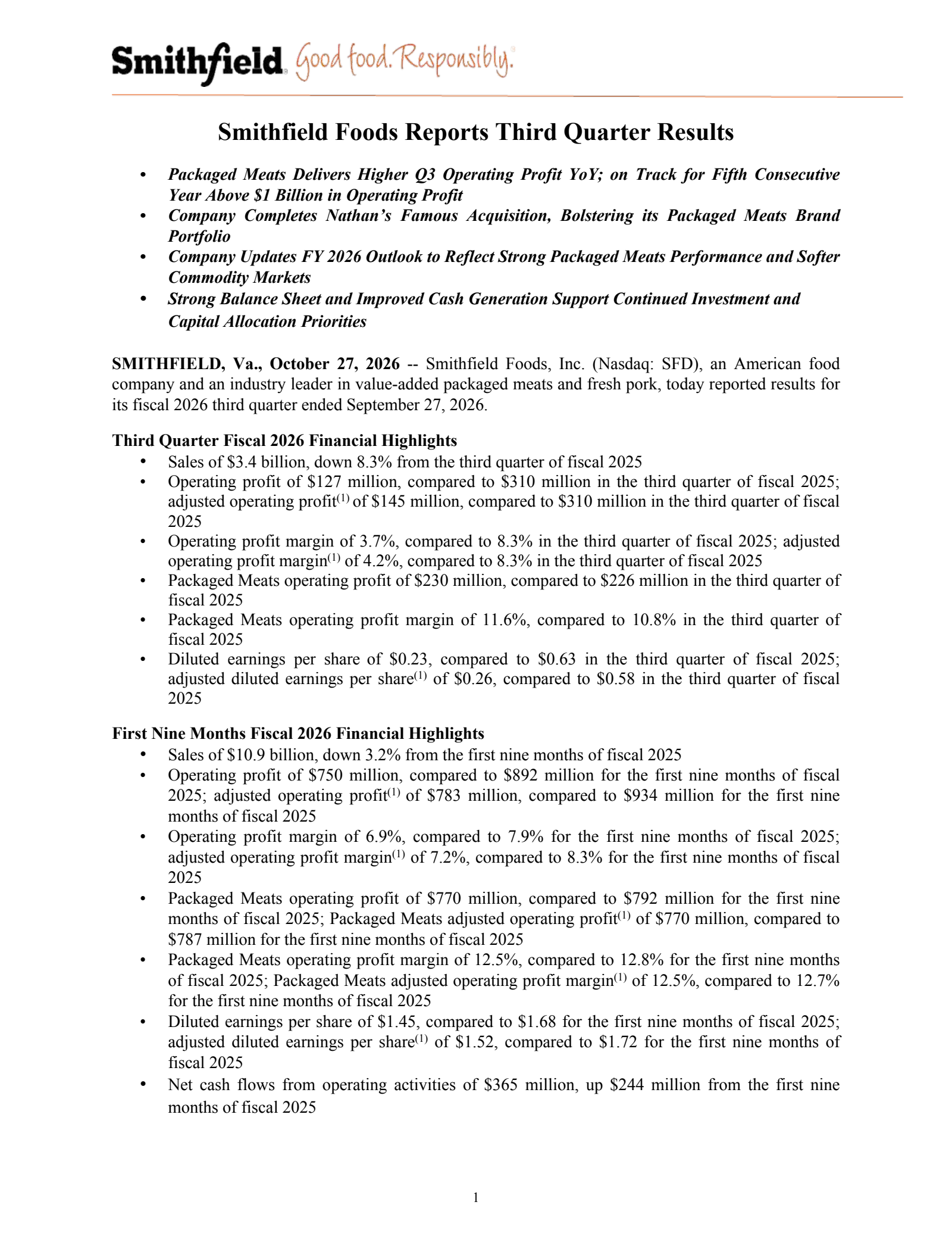 Smithfield Foods' Q3 2026 Press Release