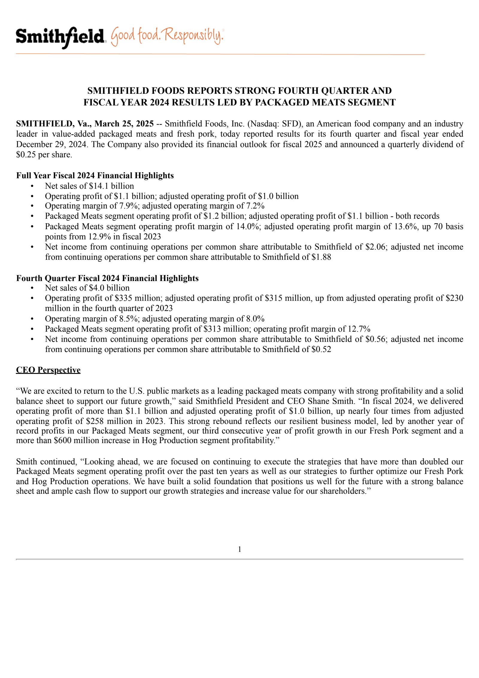 Smithfield Foods' Q4 2024 Press Release