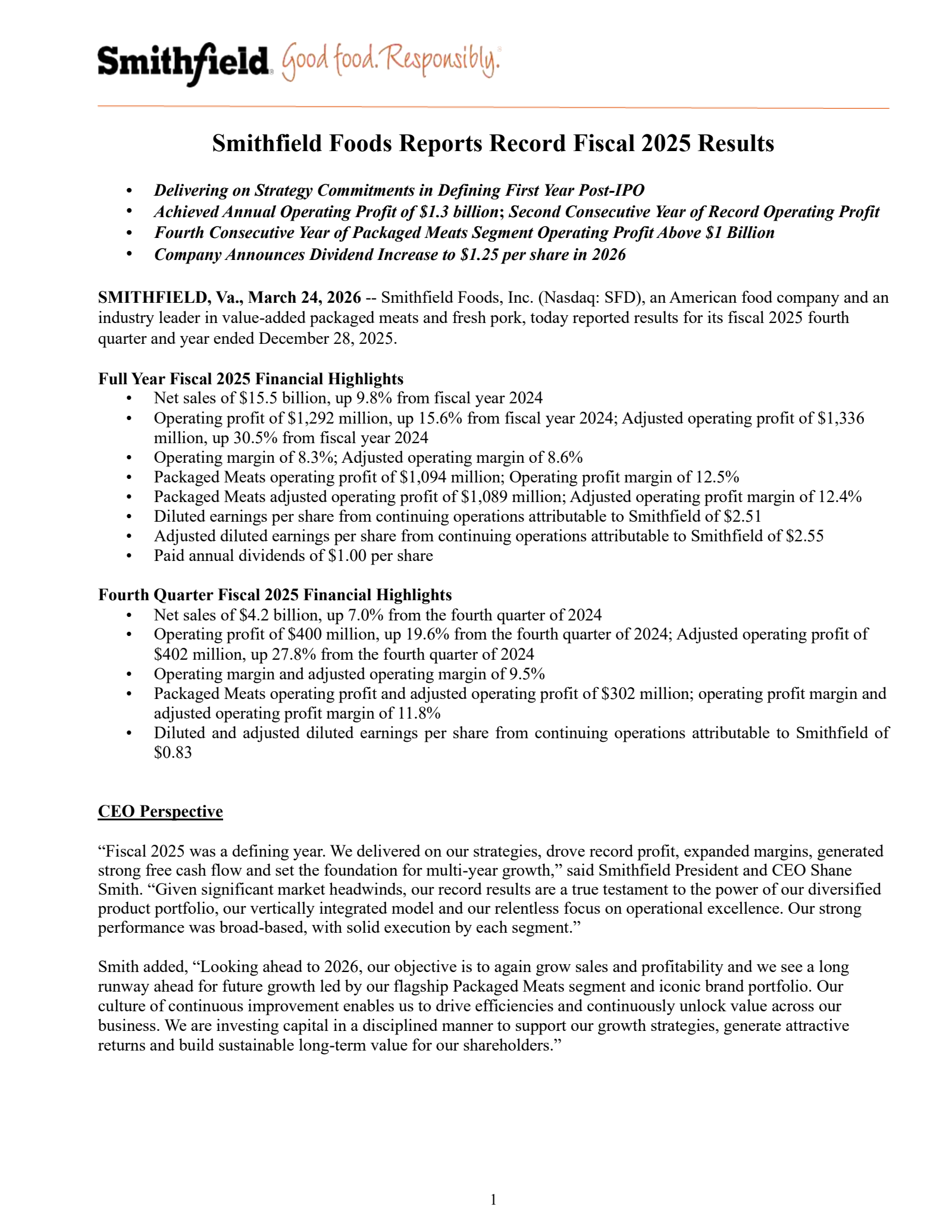 Smithfield Foods' Q4 2025 Press Release