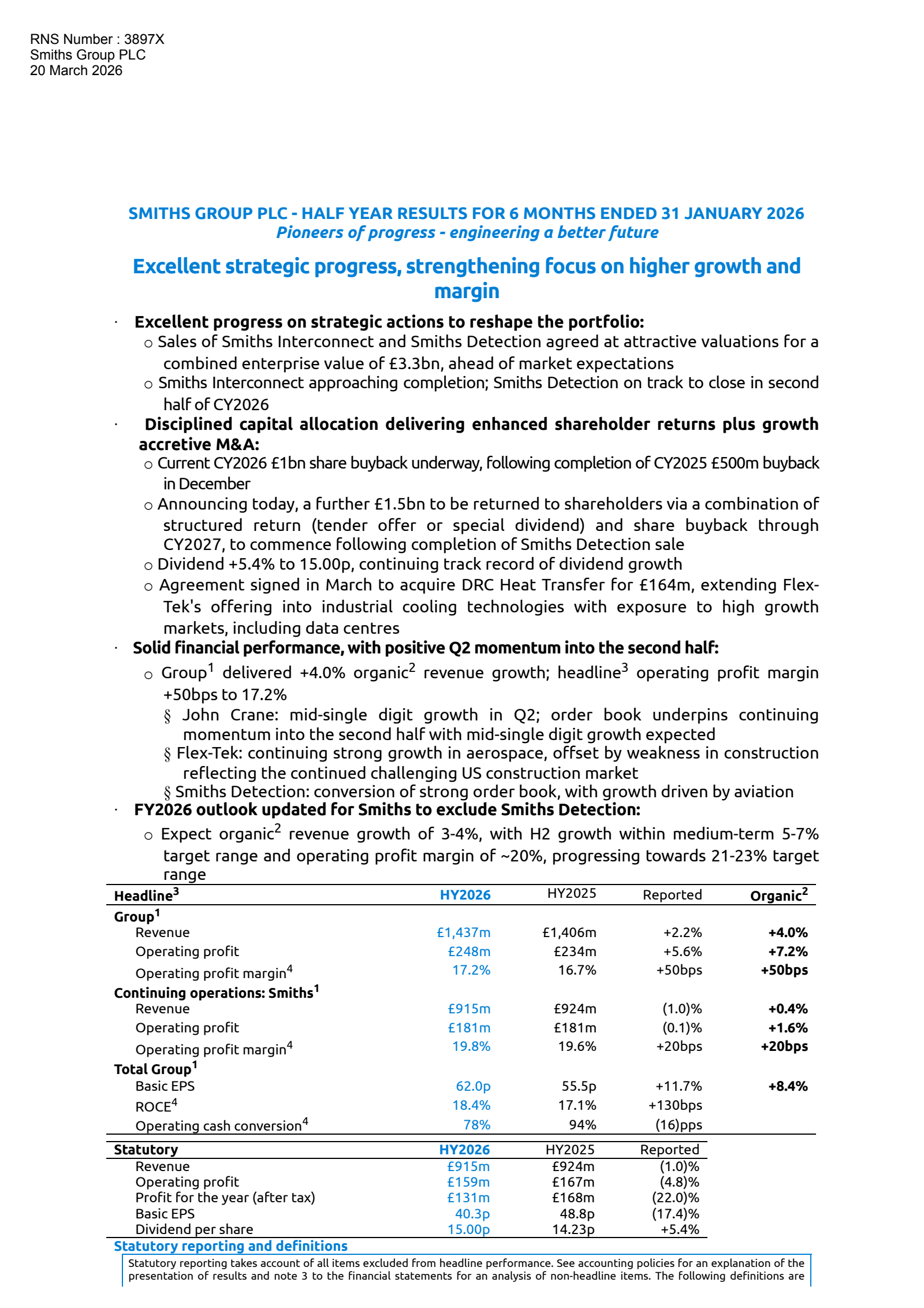 Smiths Group's H1 2026 Interim report