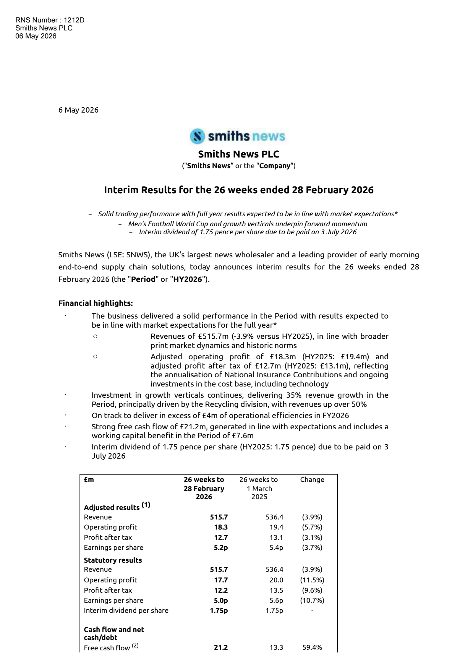Smiths News' H1 2026 Interim report