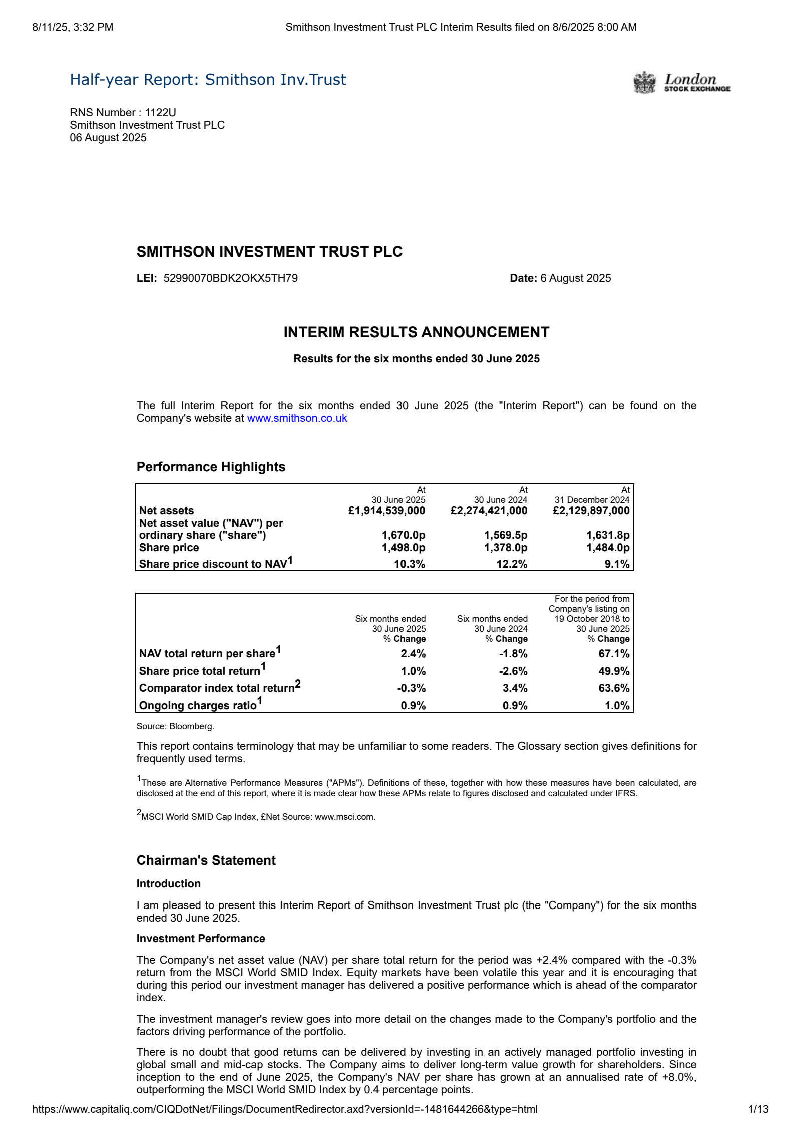 Smithson Investment Trust's H1 2025 Interim report