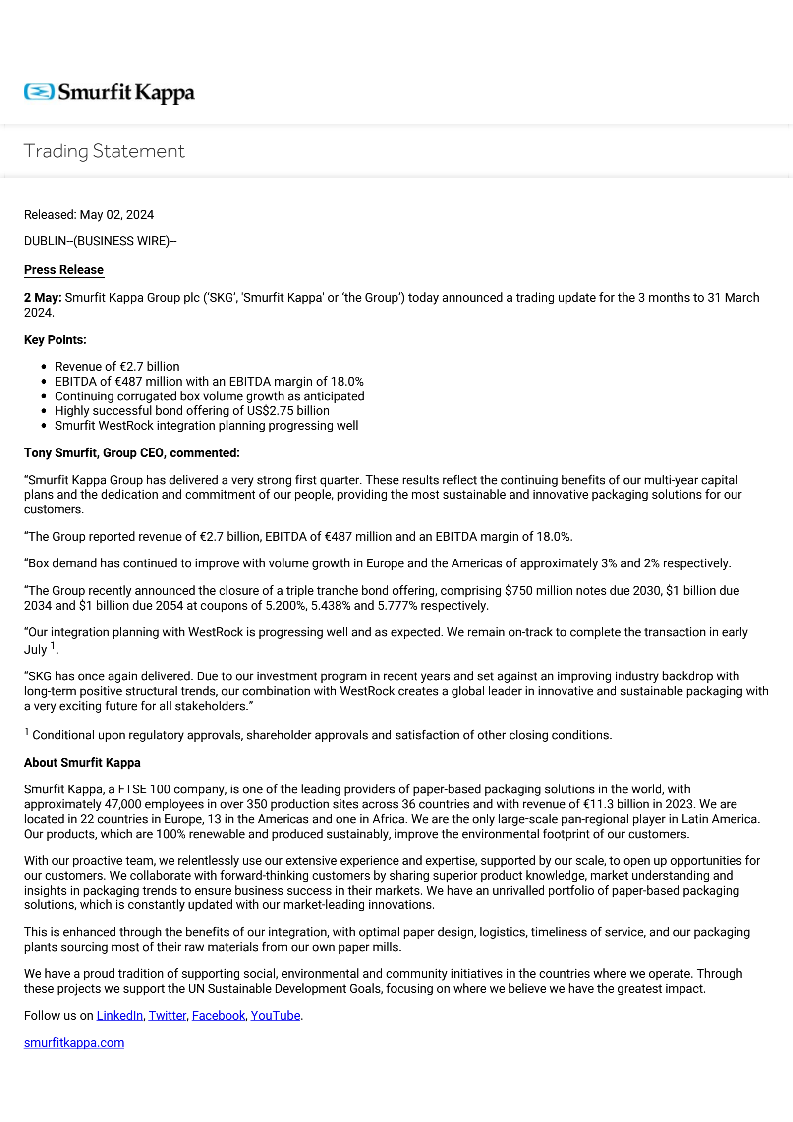Smurfit Westrock's Q1 2024 TU Press Release