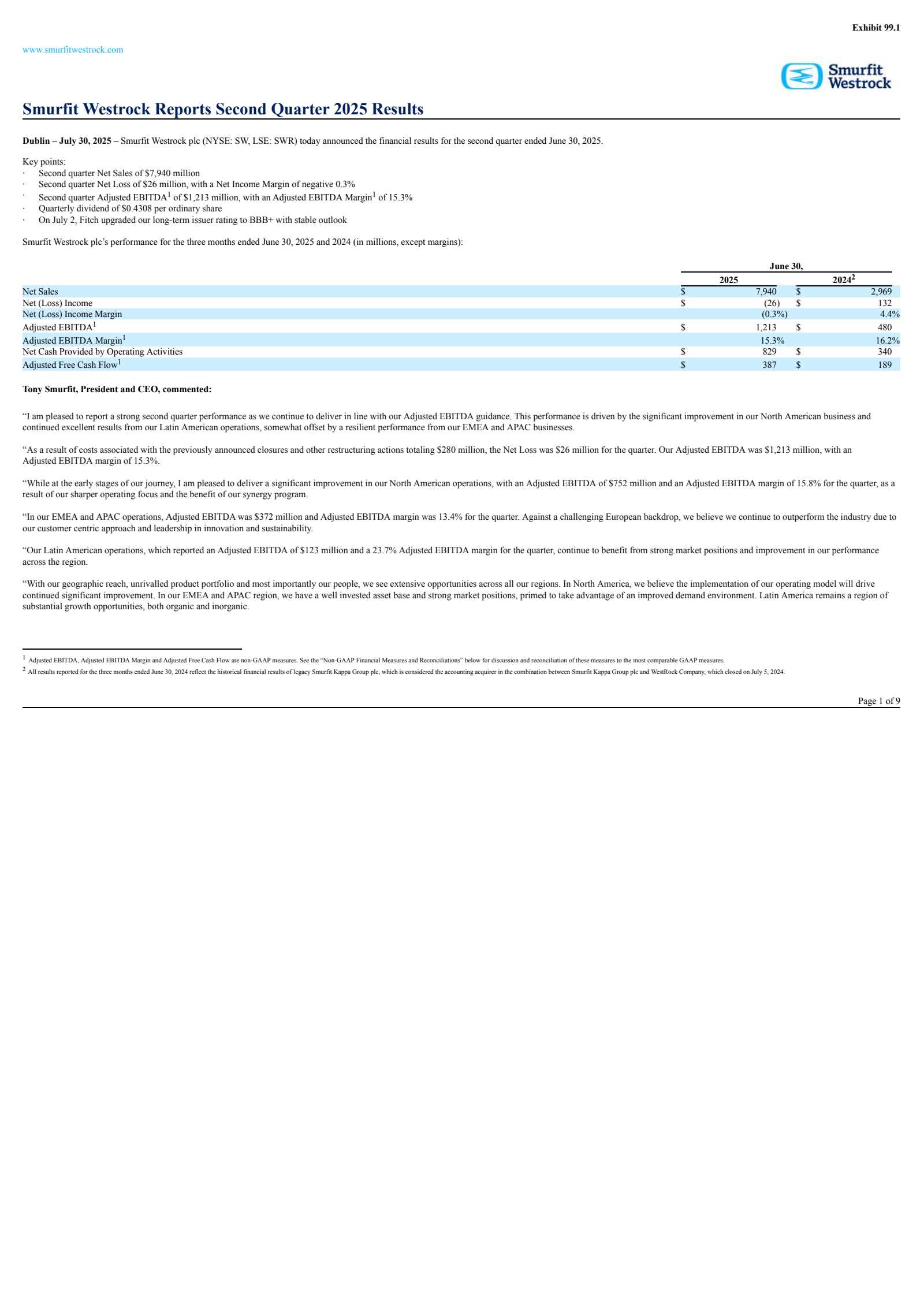 Smurfit Westrock's H1 2025 Press Release