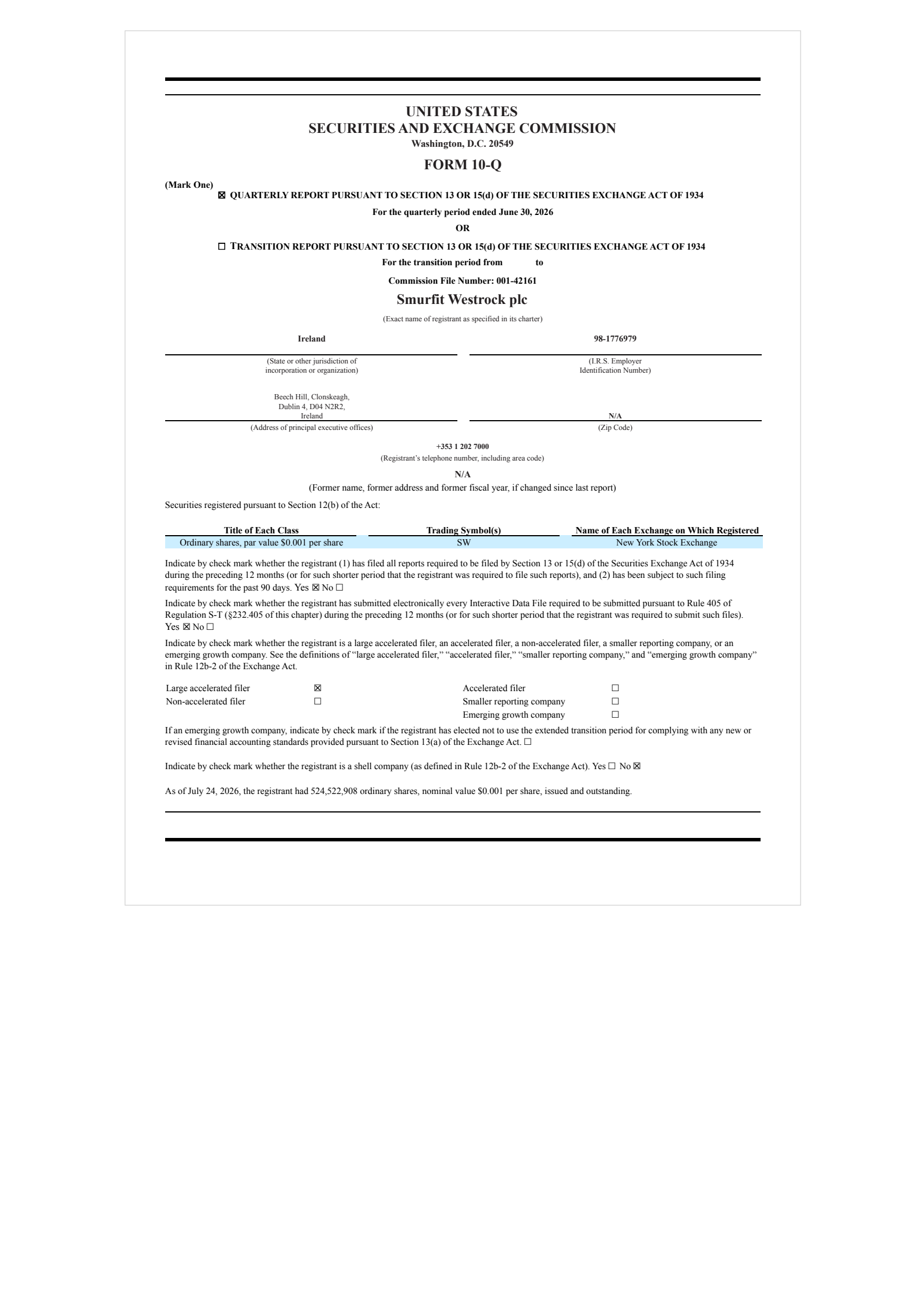 Smurfit Westrock's Q2 2026 Quarterly report
