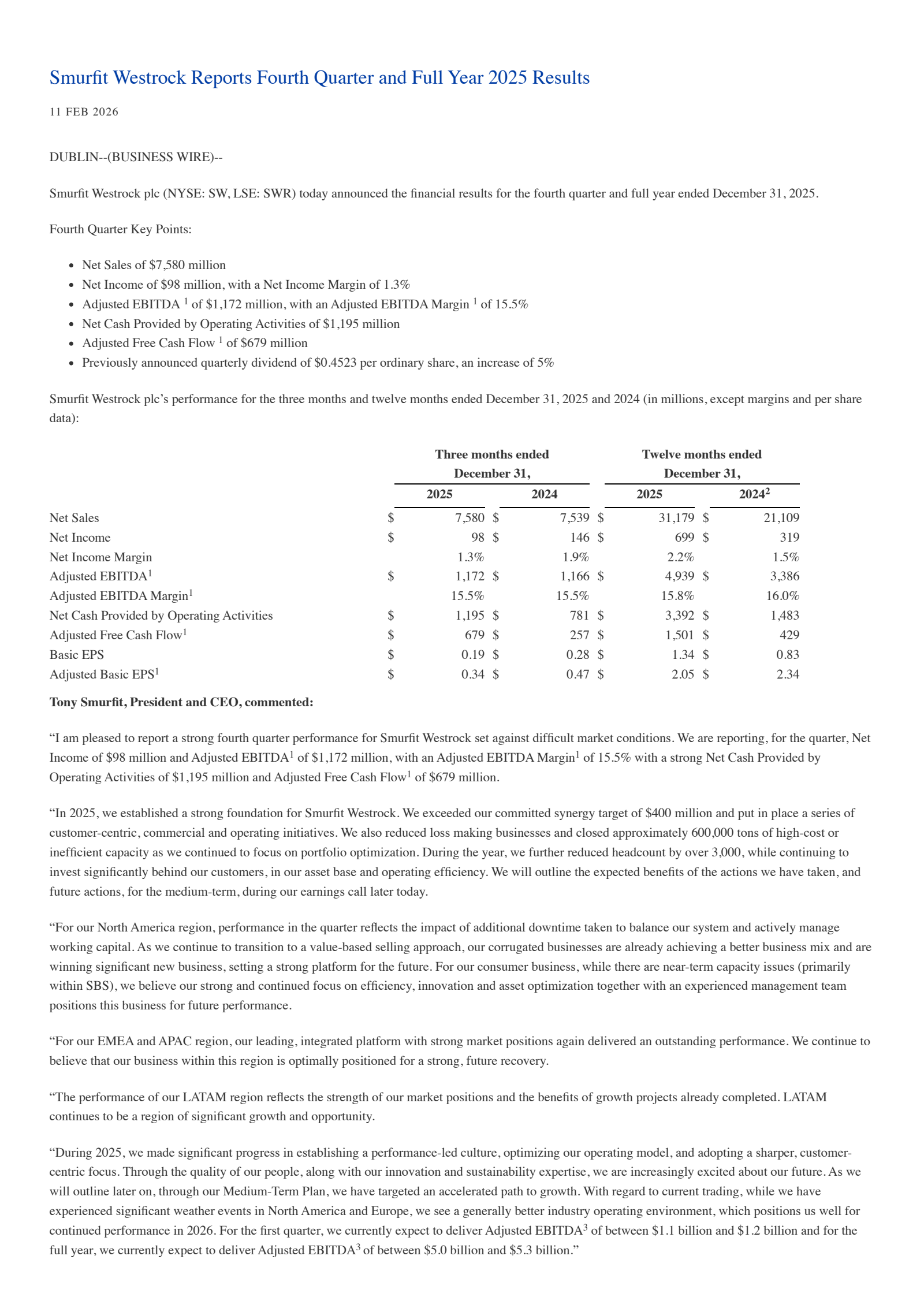 Smurfit Westrock's Q4 2025 Press Release