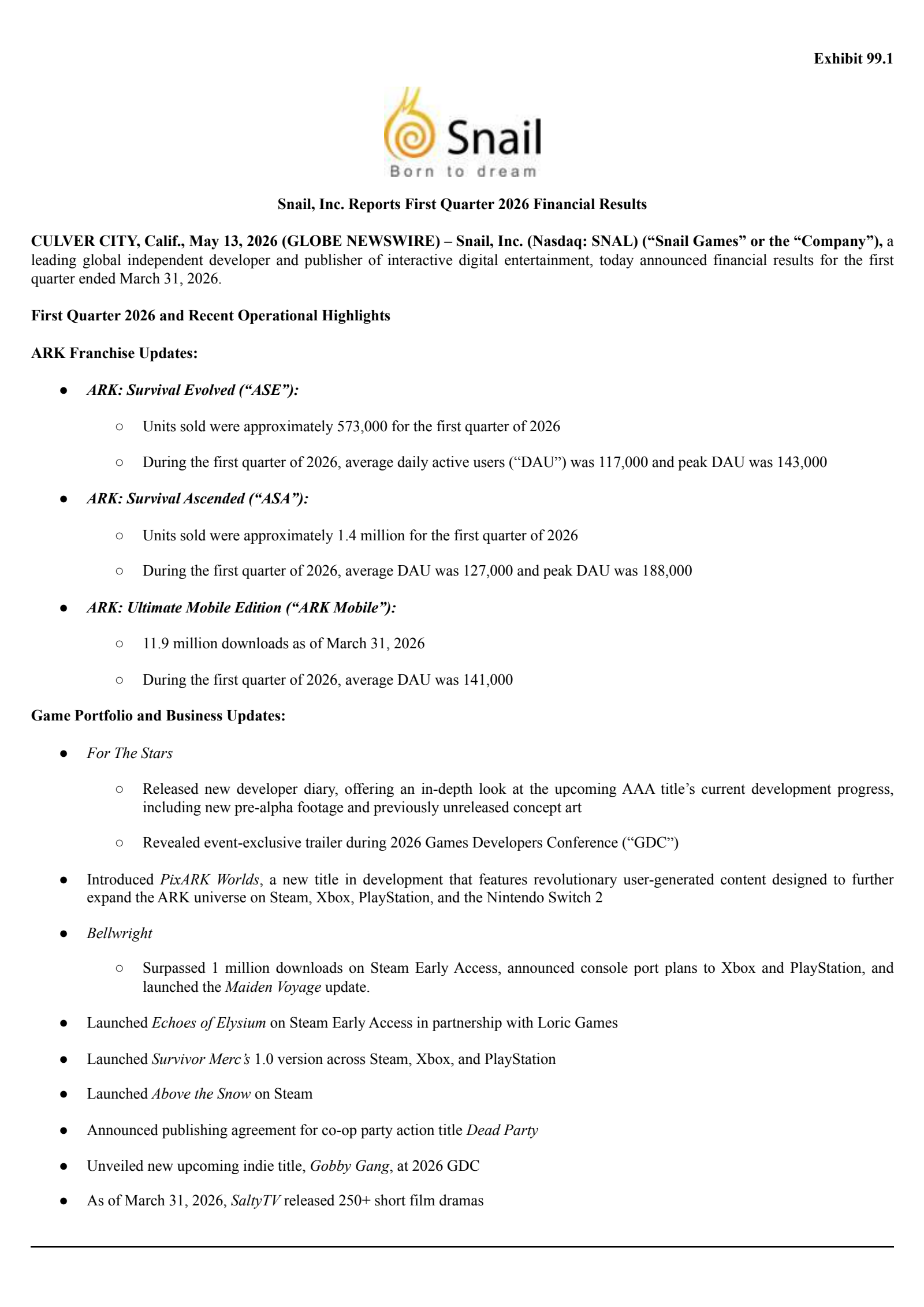 Snail's Q1 2026 Press Release