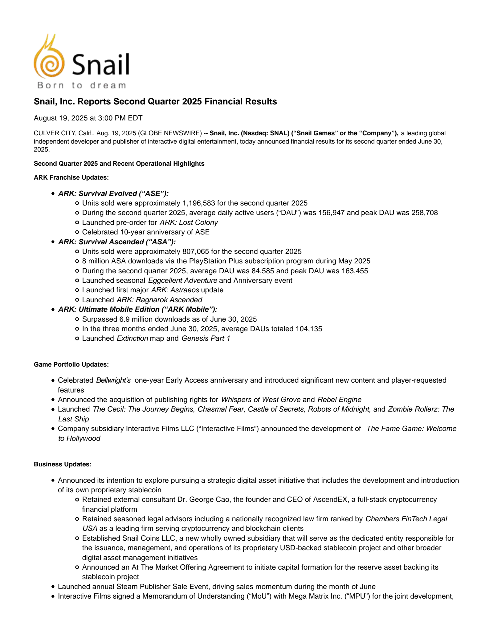 Snail's Q2 2025 Earnings Release