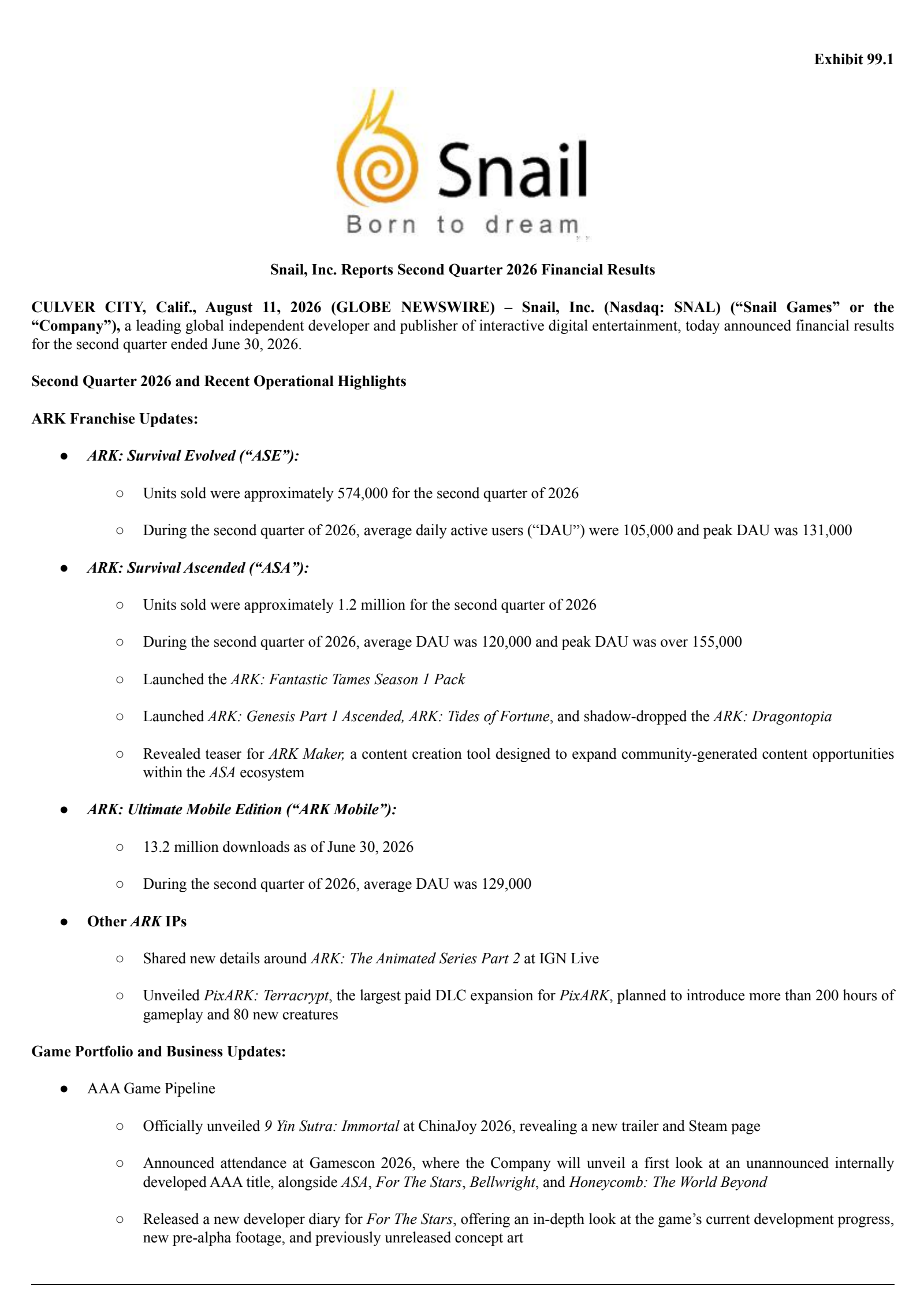 Snail's Q2 2026 Press Release