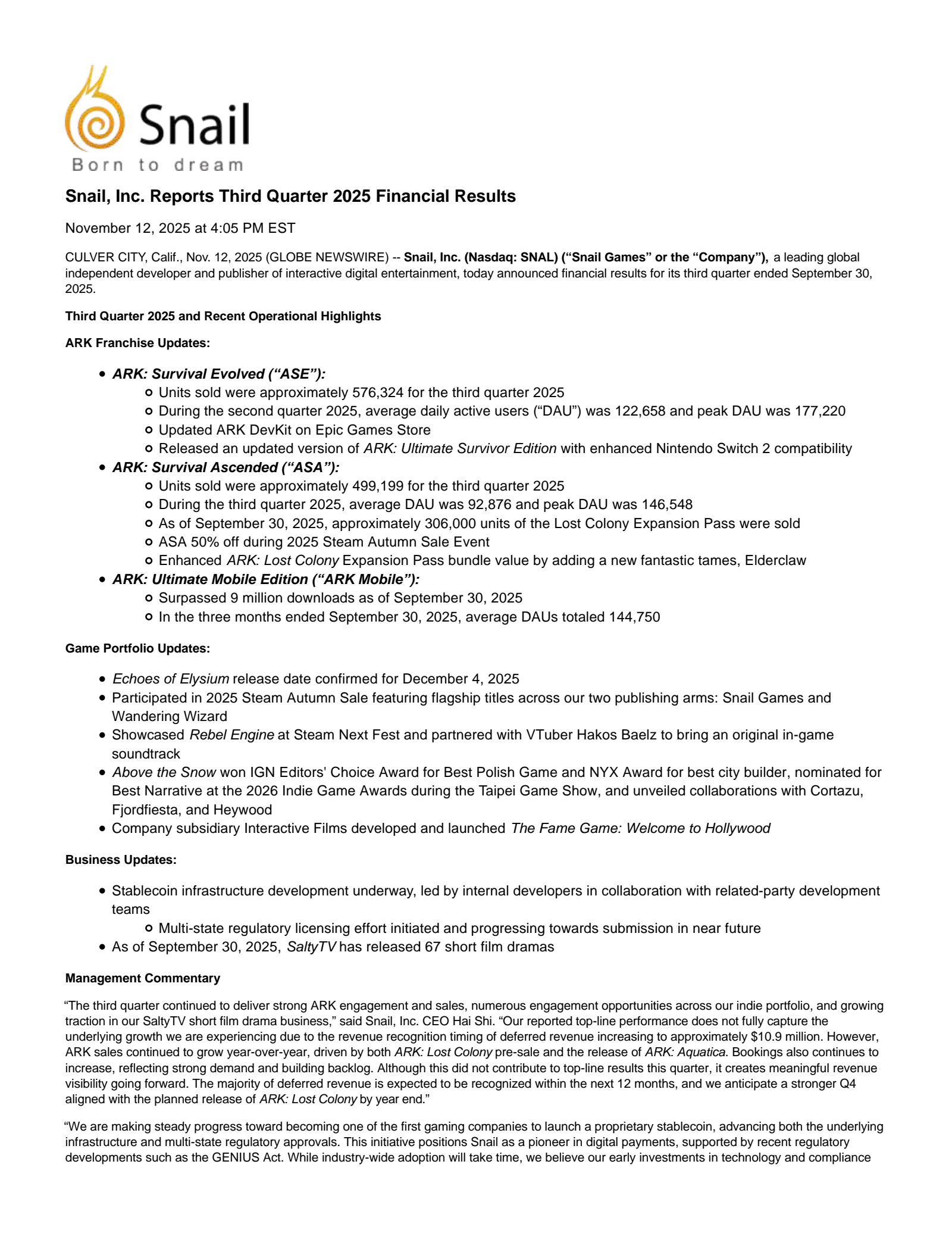 Snail's Q3 2025 Earnings Release