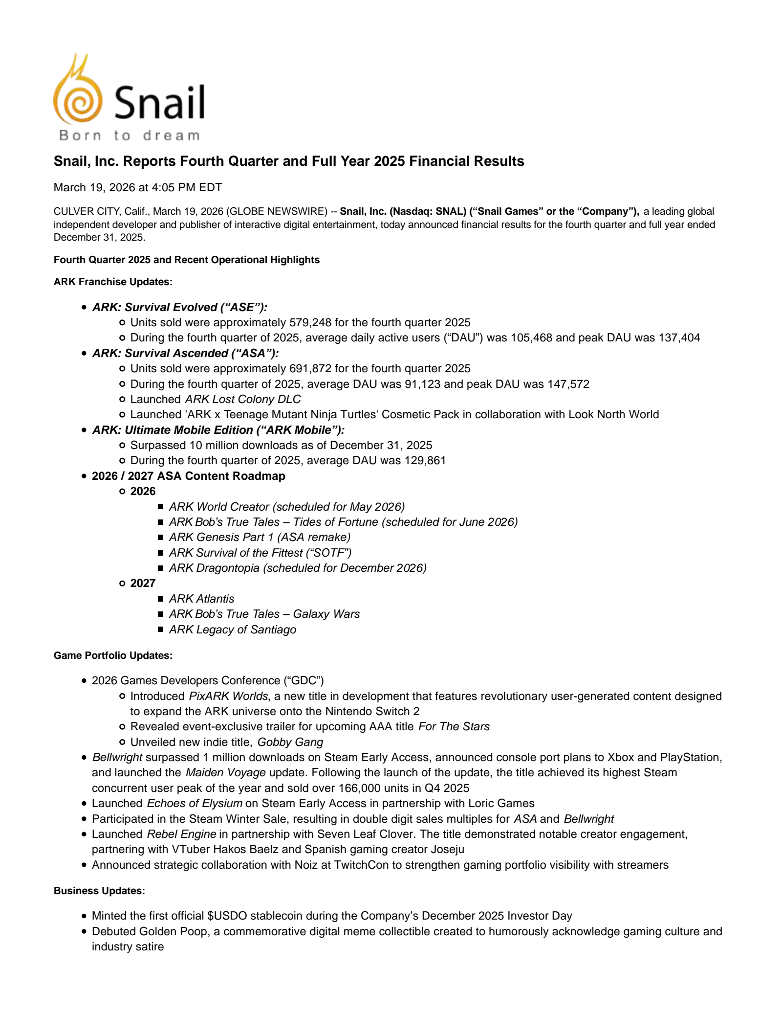 Snail's Q4 2025 Press Release