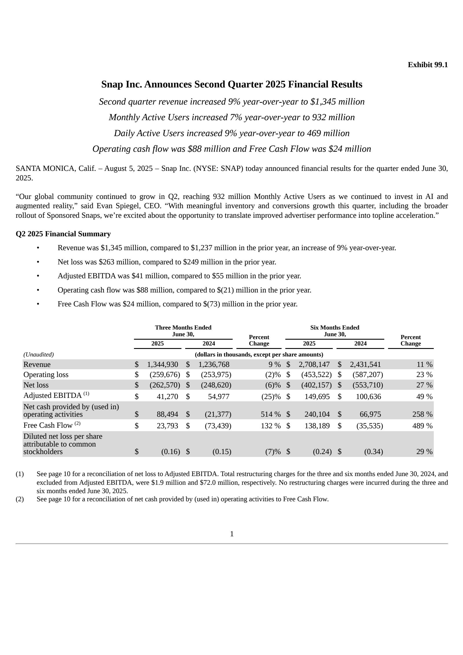 Snap's Q2 2025 Press Release
