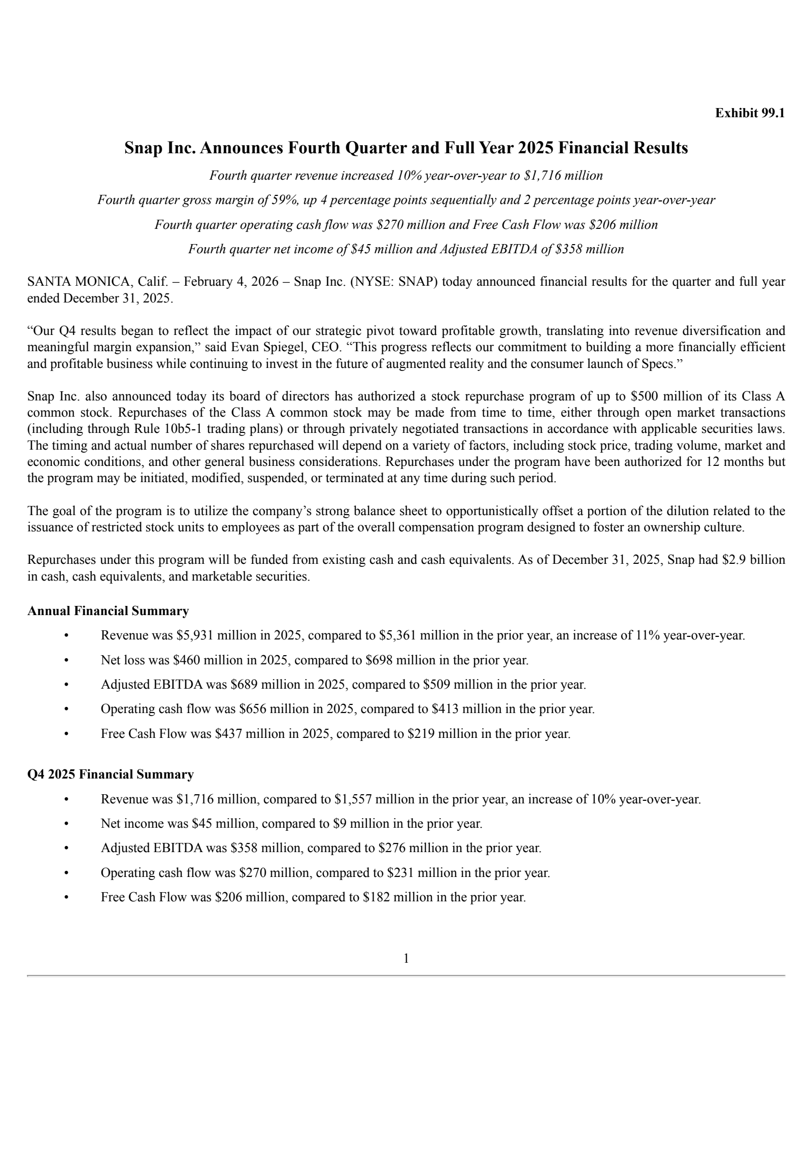 Snap's Q4 2025 Press Release