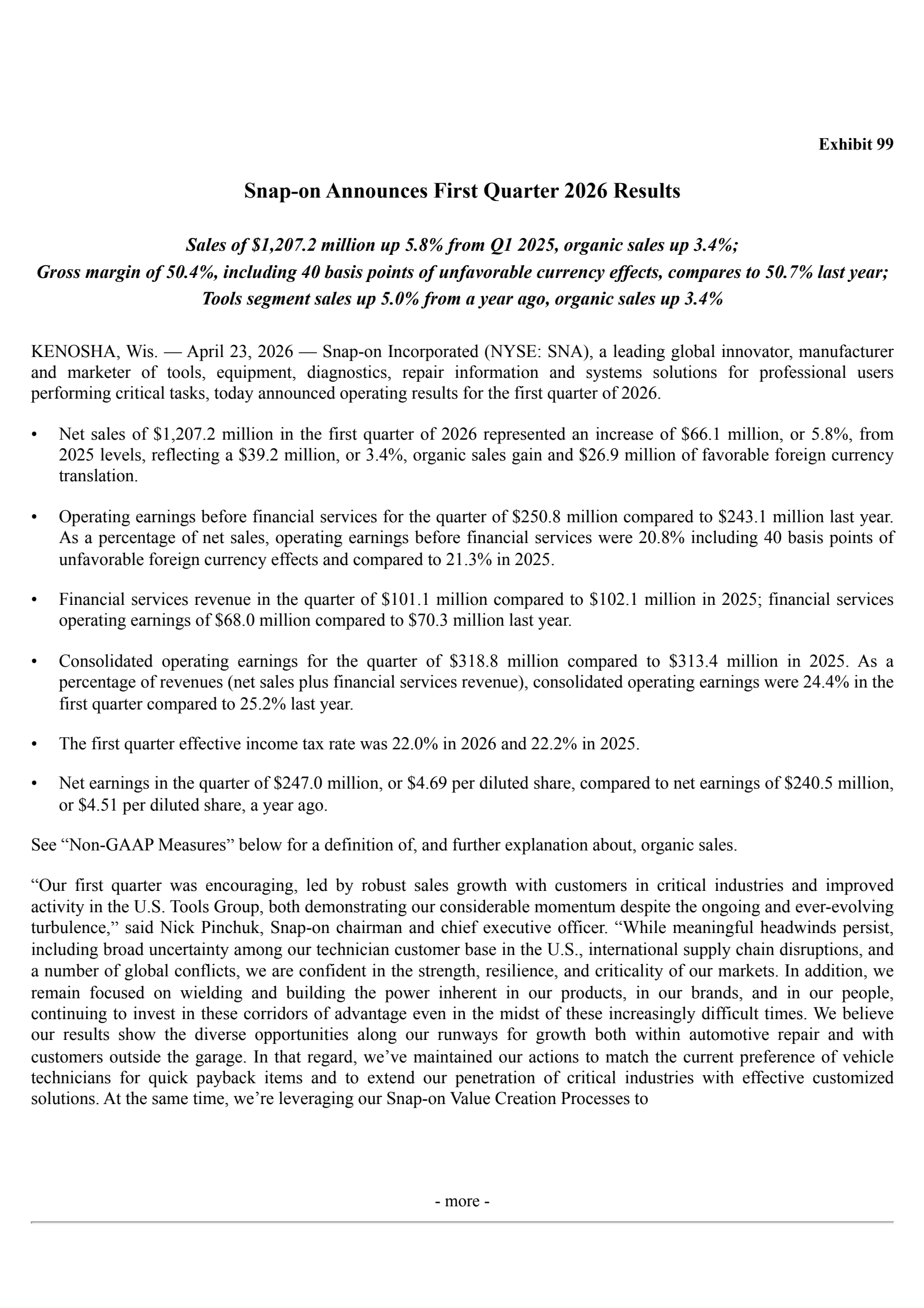 Snap-On's Q1 2026 Press Release