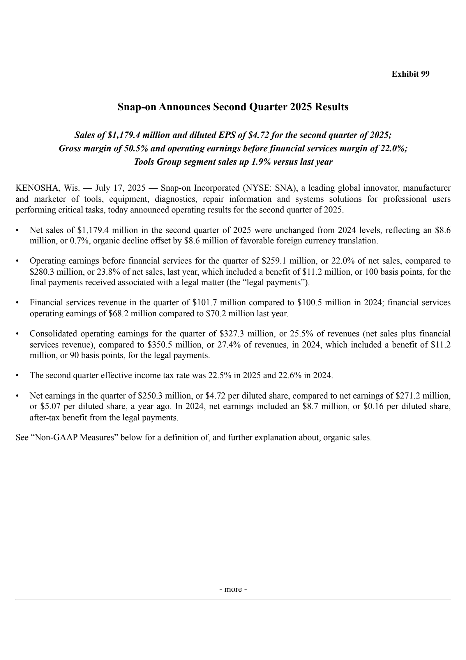 Snap-On's Q2 2025 Press Release