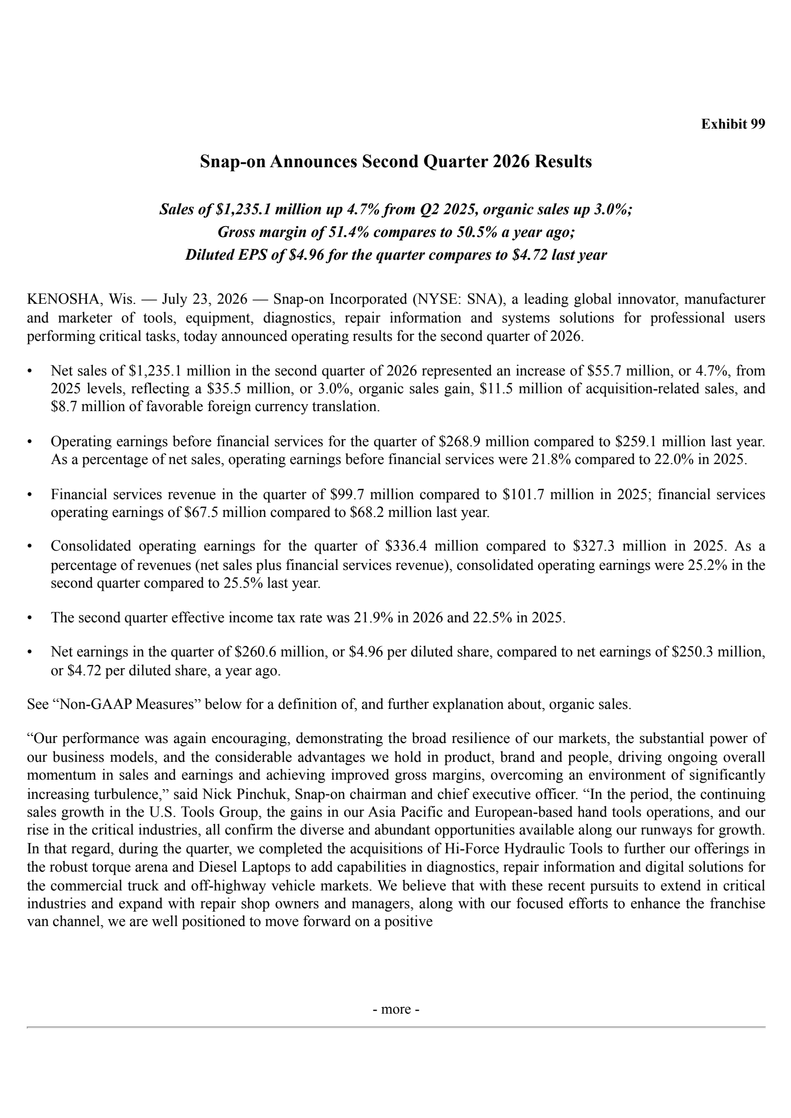 Snap-On's Q2 2026 Press Release