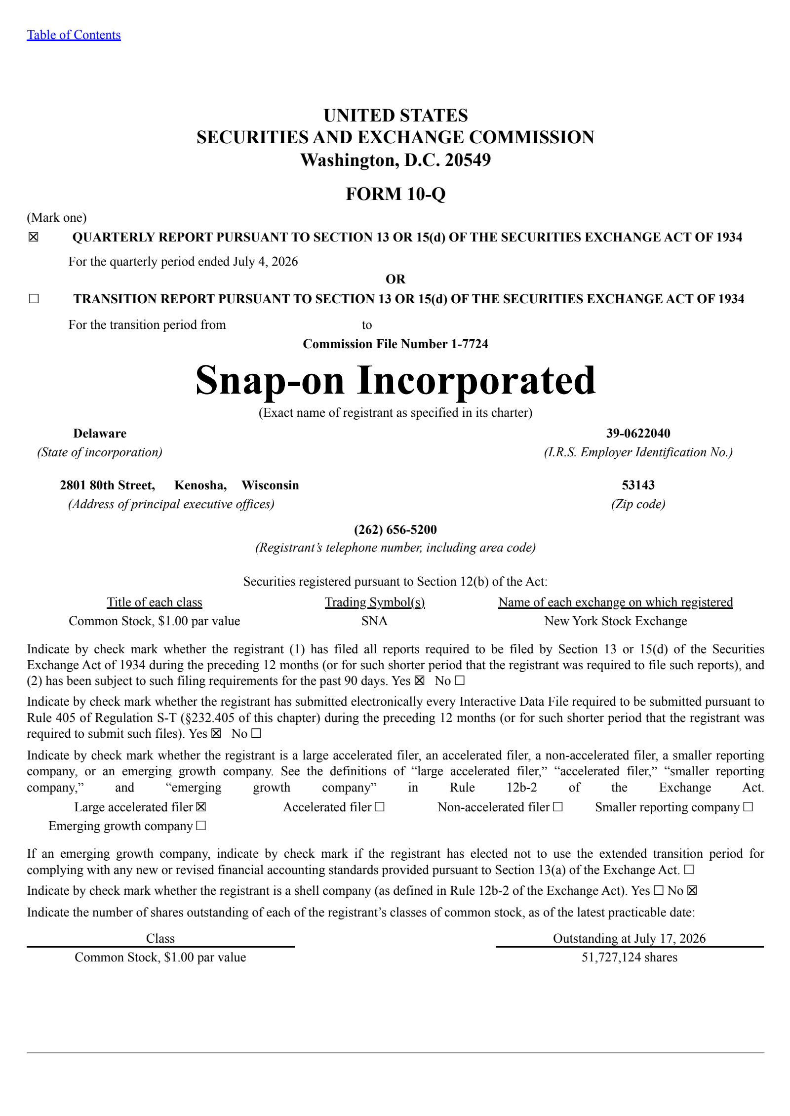 Snap-On's Q2 2026 Quarterly report