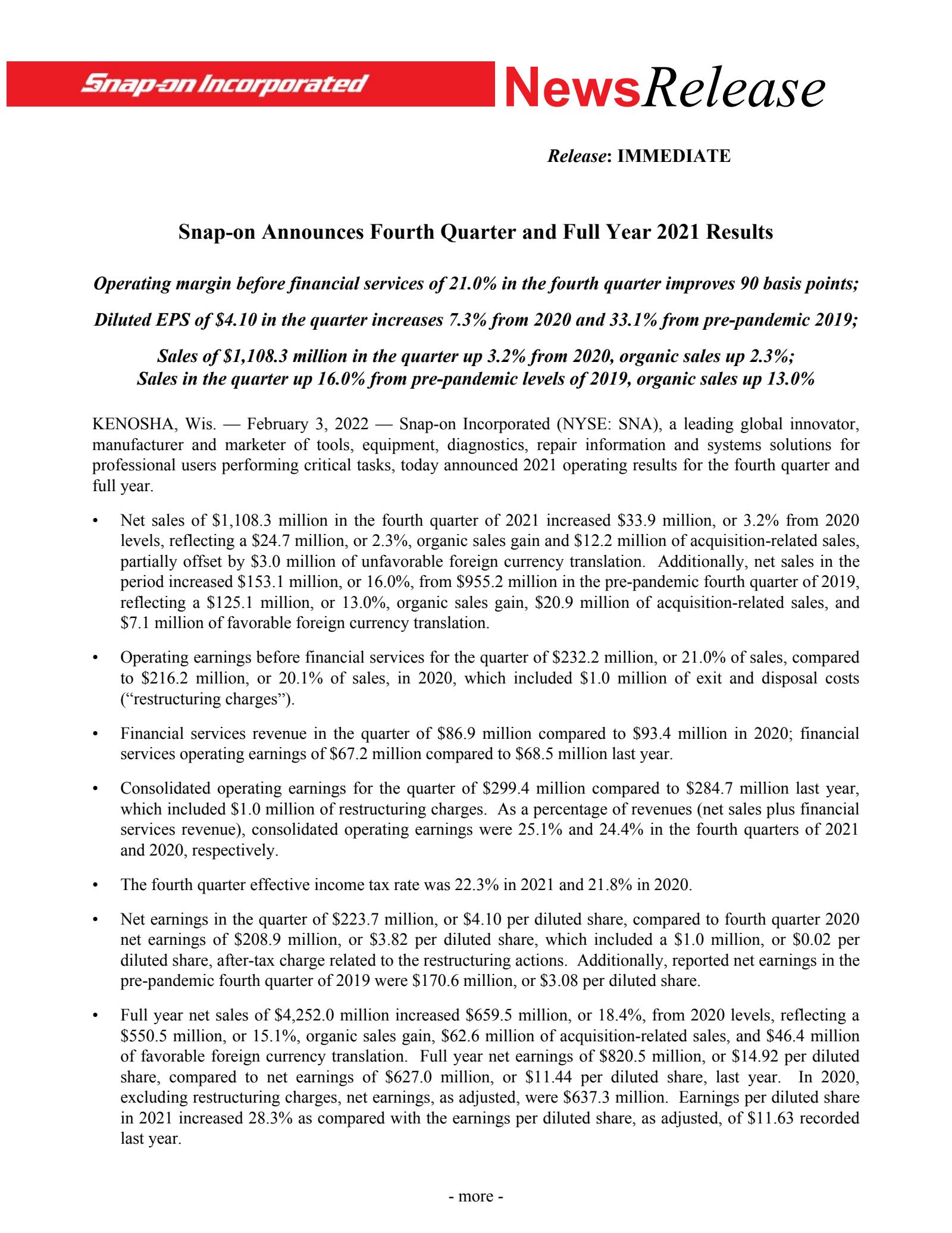 Snap-On's Q4 2021 Earnings Release