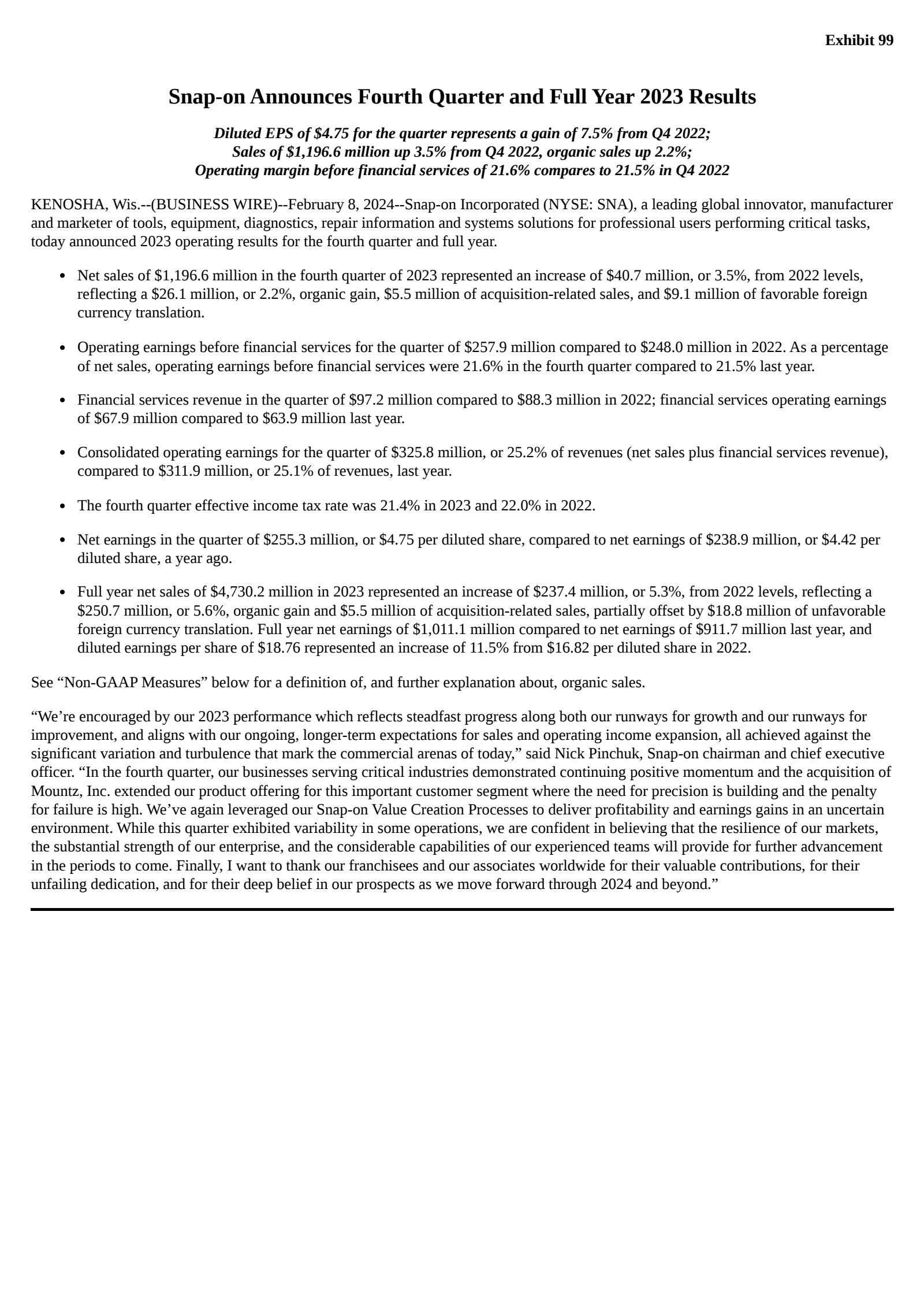 Snap-on's Q4 2023 Press Release