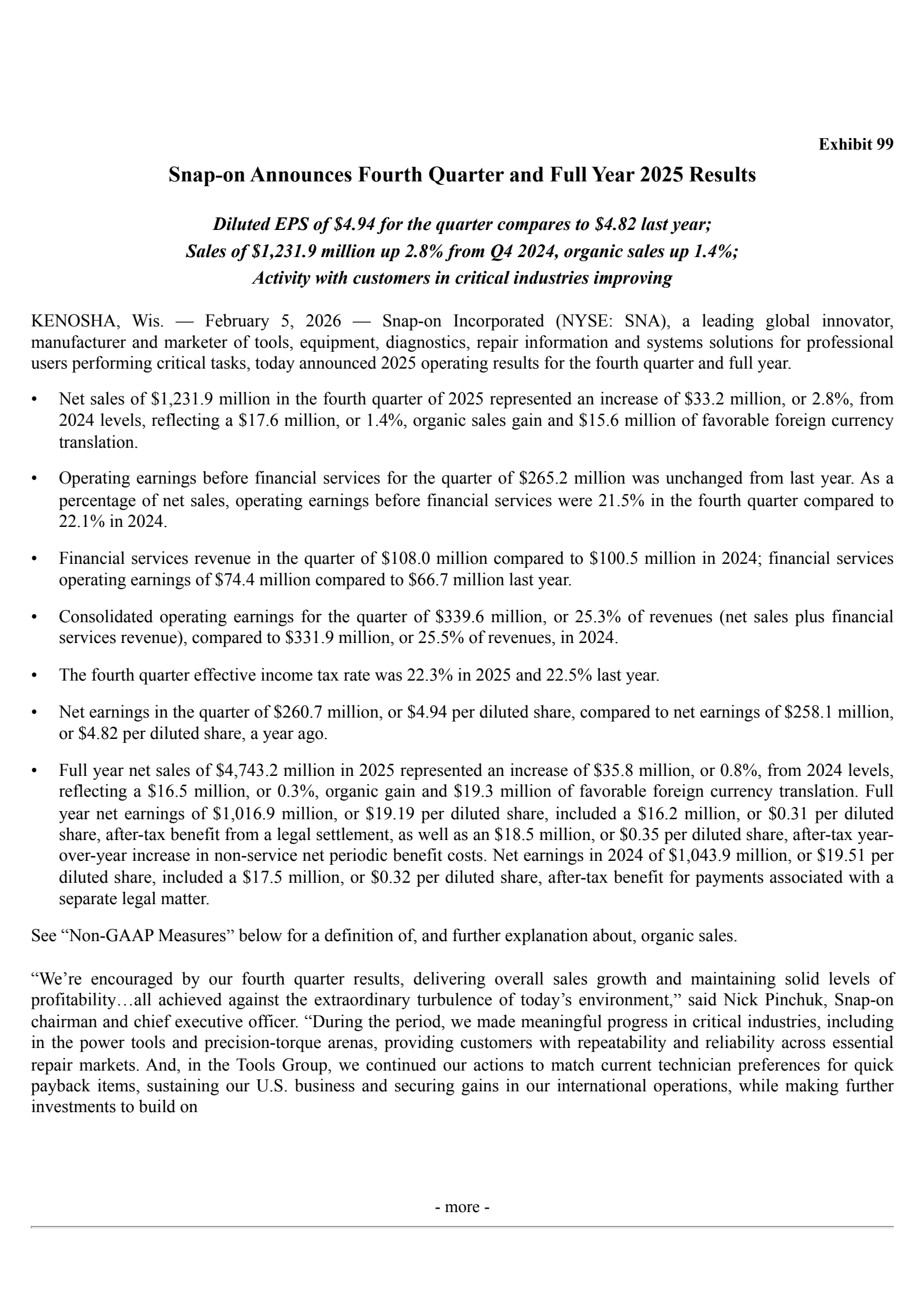 Snap-On's Q4 2025 Press Release