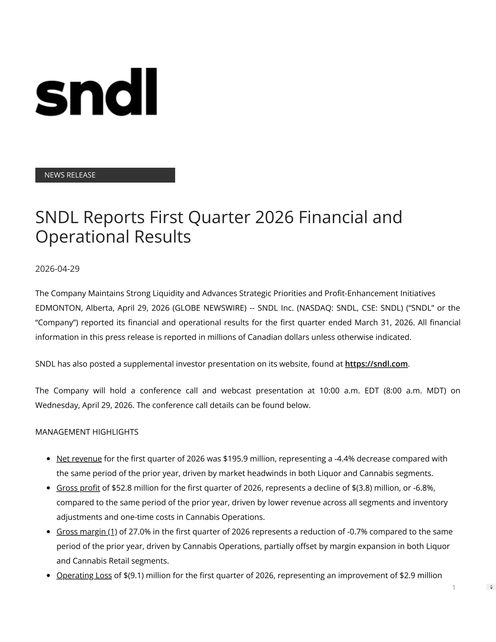 SNDL's Q1 2026 Press Release