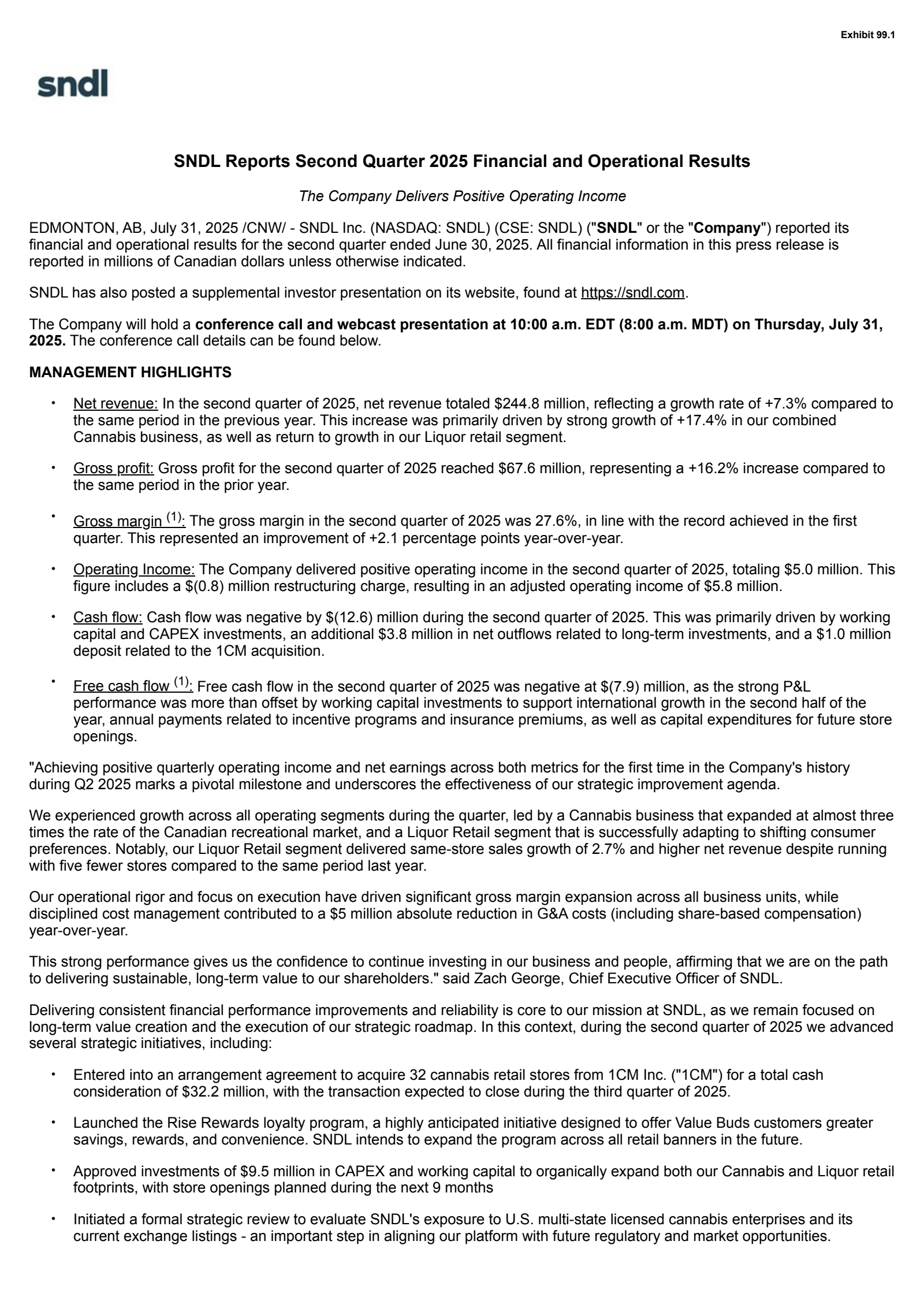 SNDL's Q2 2025 Press Release