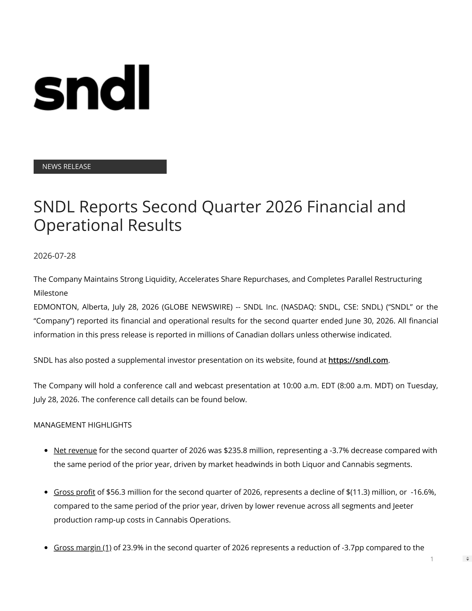 SNDL's Q2 2026 Press Release
