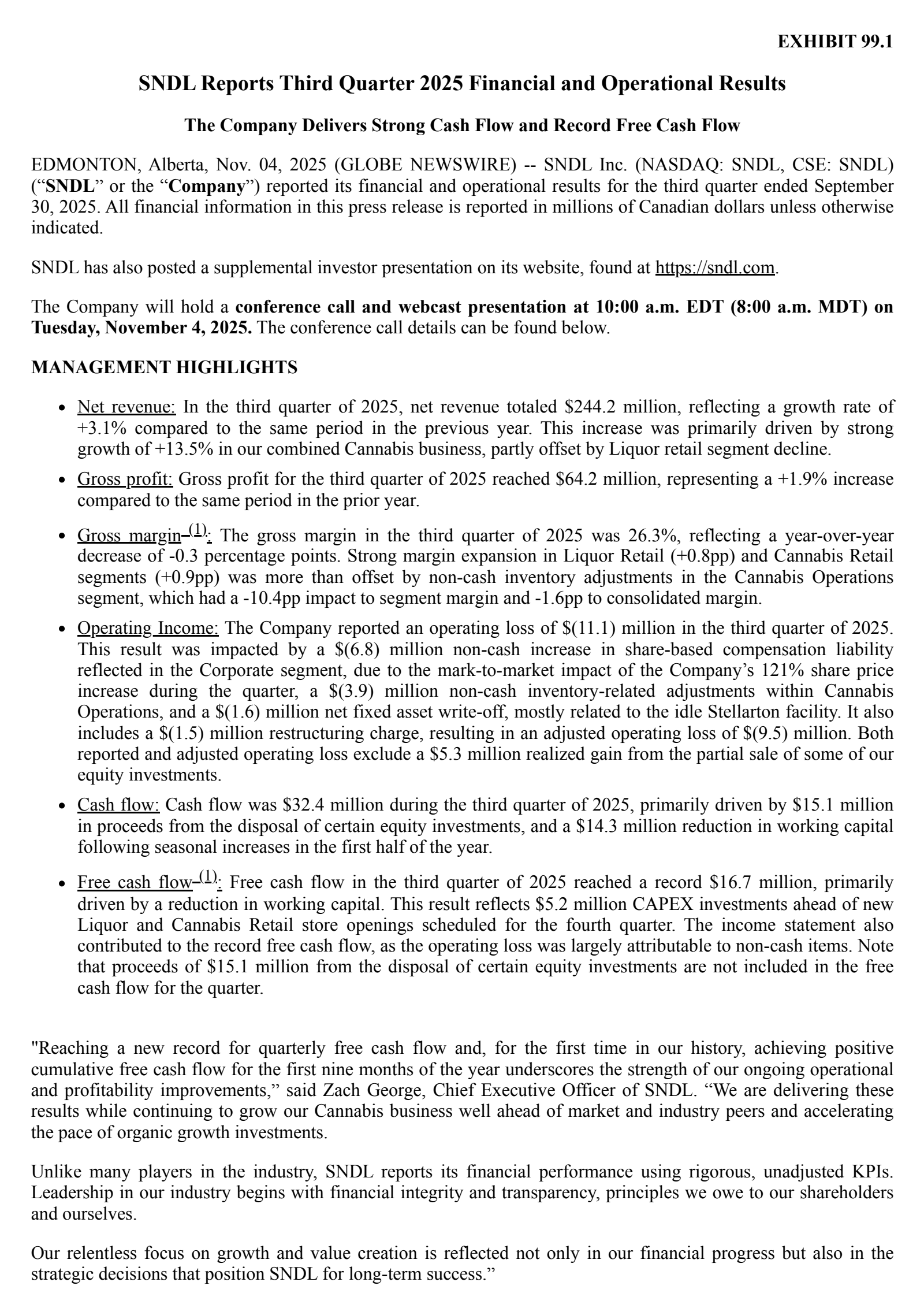 SNDL's Q3 2025 Earnings Release