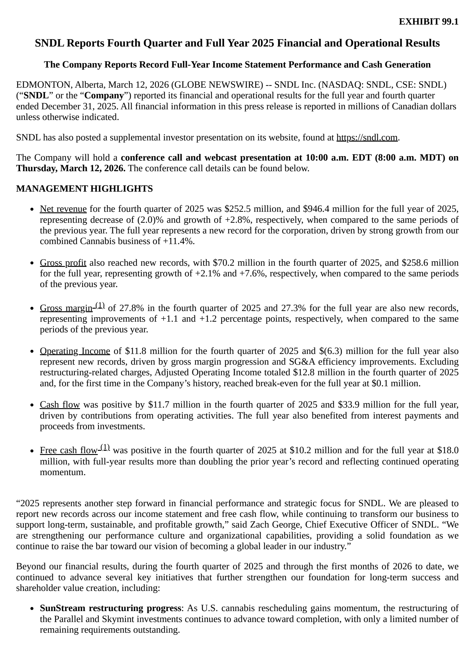 SNDL's Q4 2025 Press Release