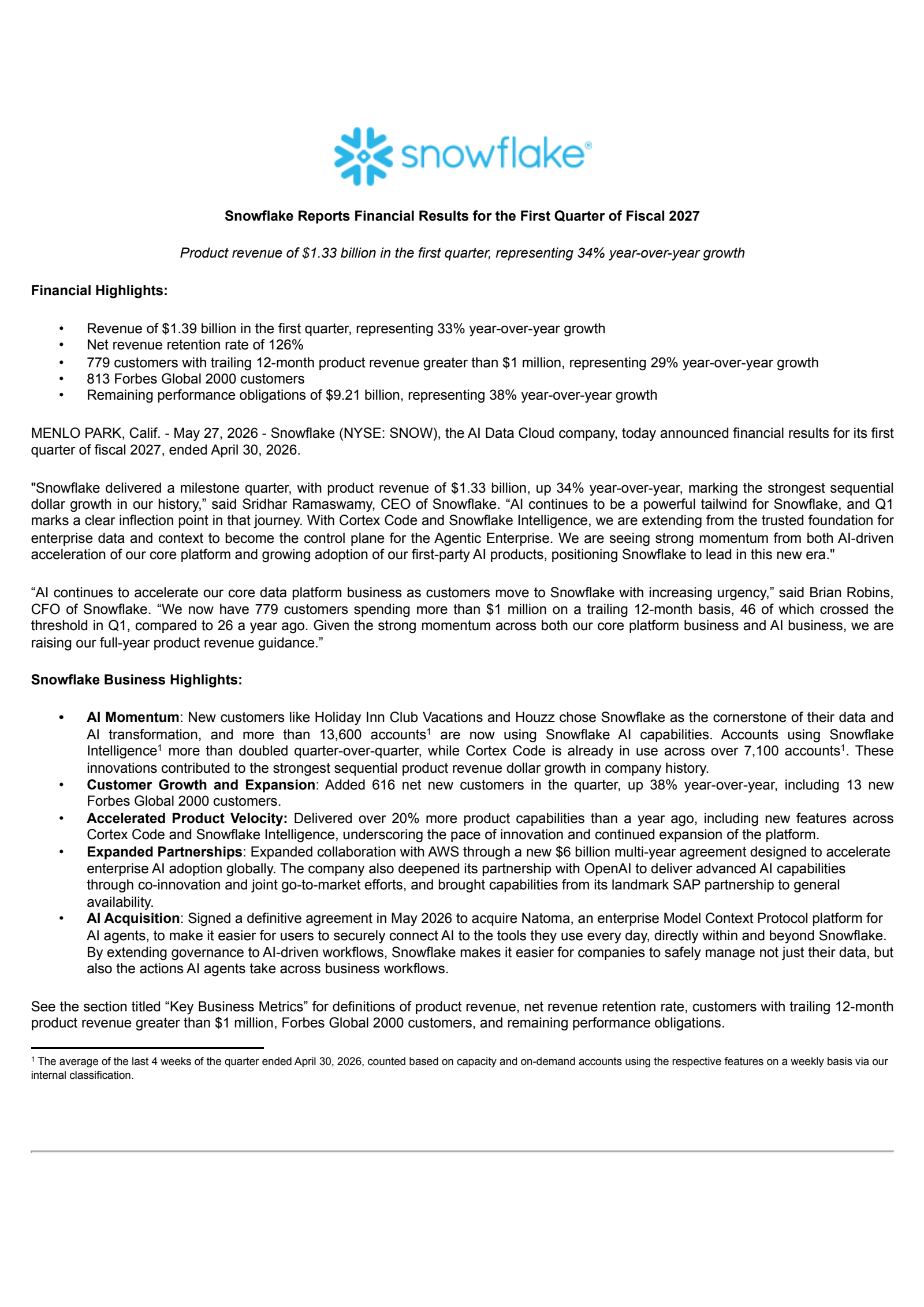 Snowflake's Q1 2027 Press Release