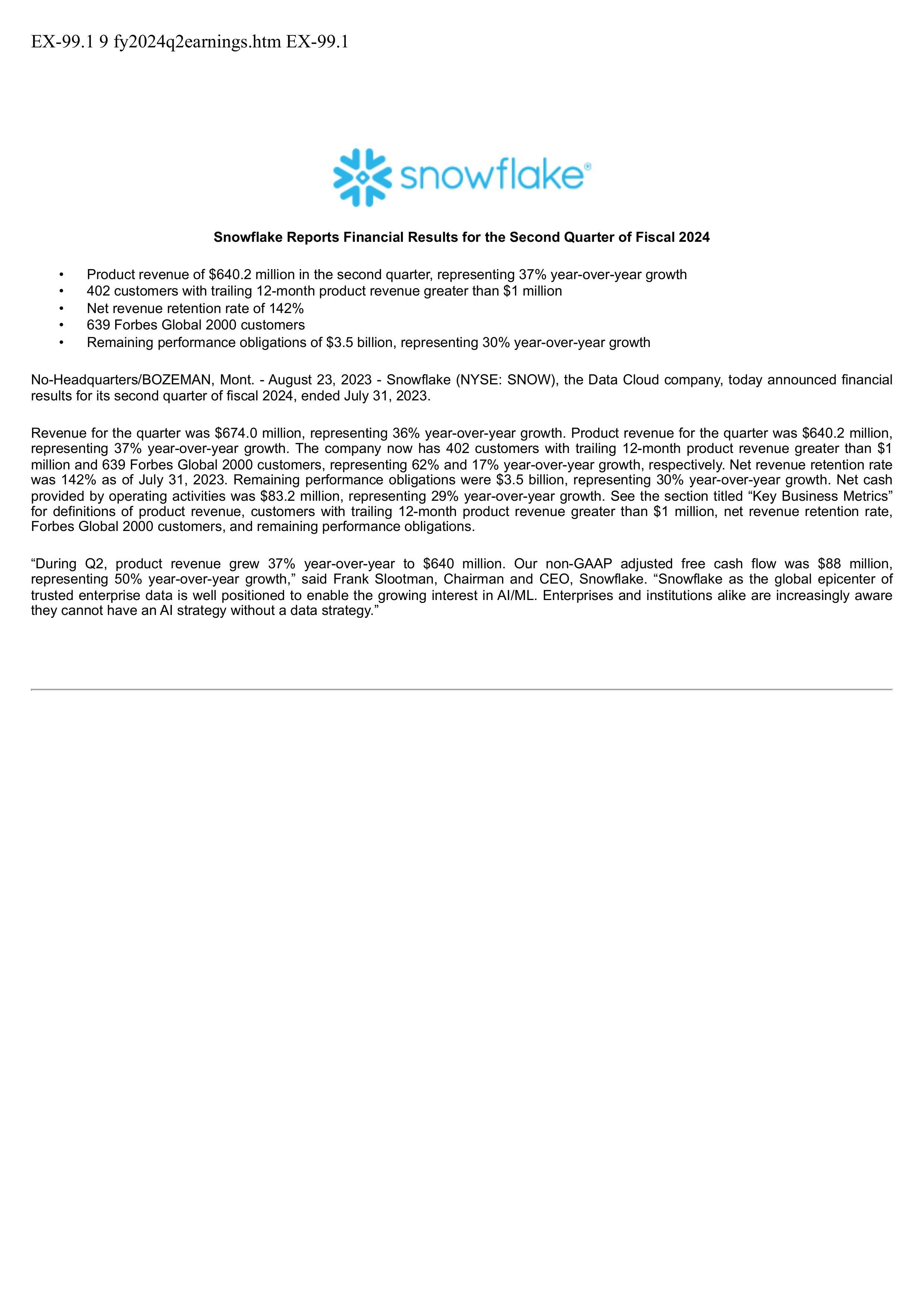 Snowflake's Q2 2024 Press Release