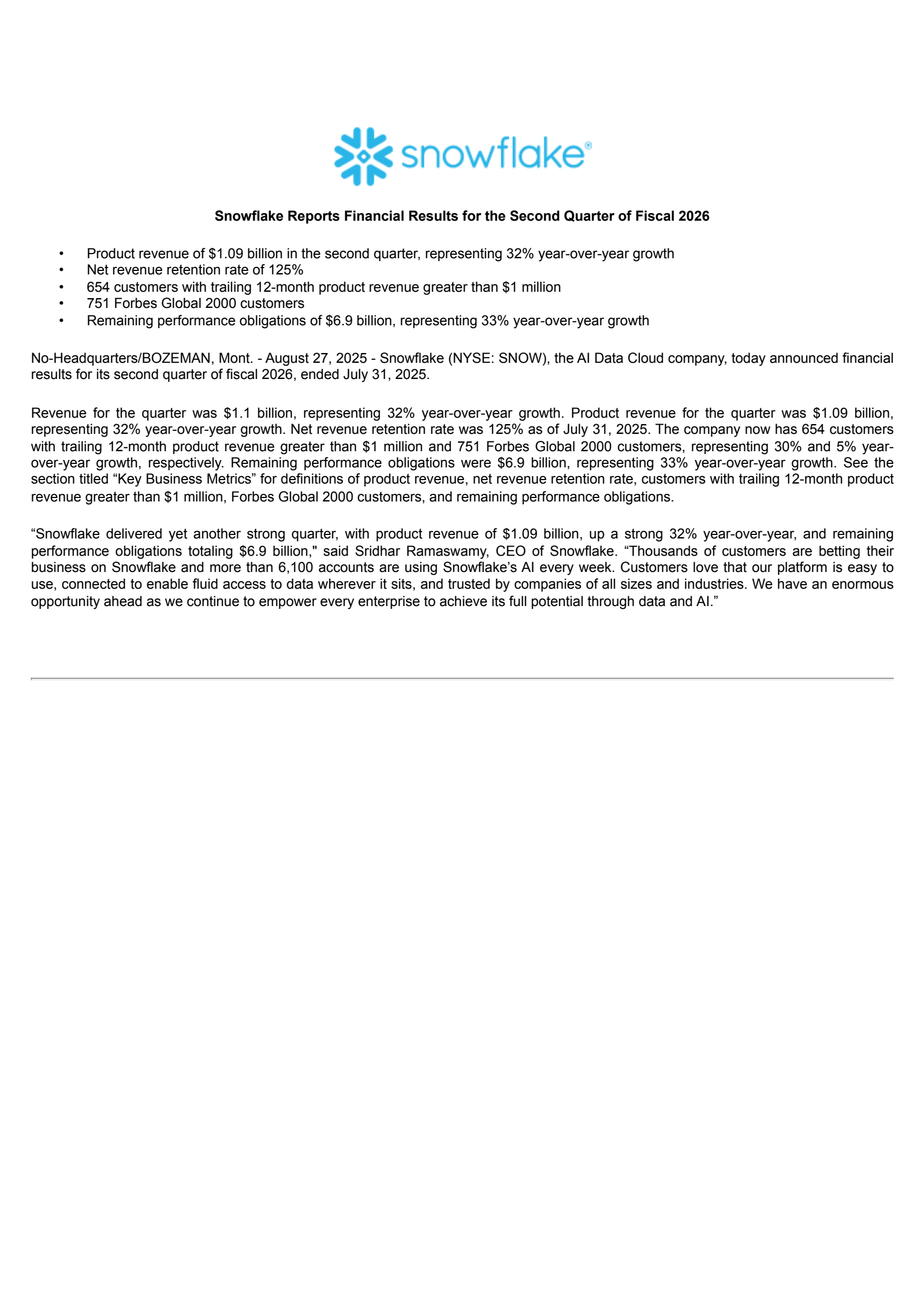 Snowflake's Q2 2026 Press Release