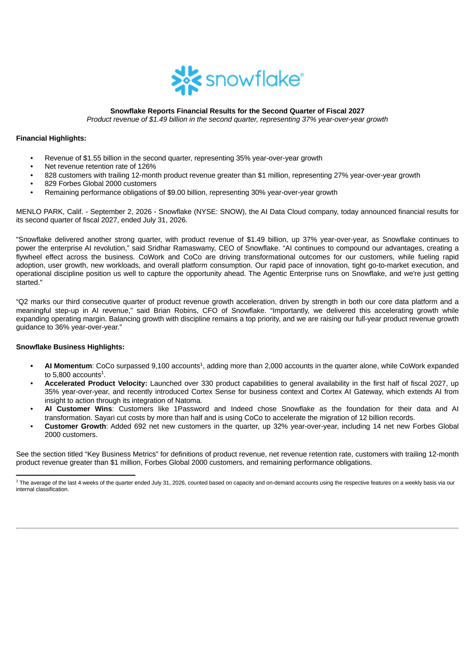 Snowflake's Q2 2027 Press Release