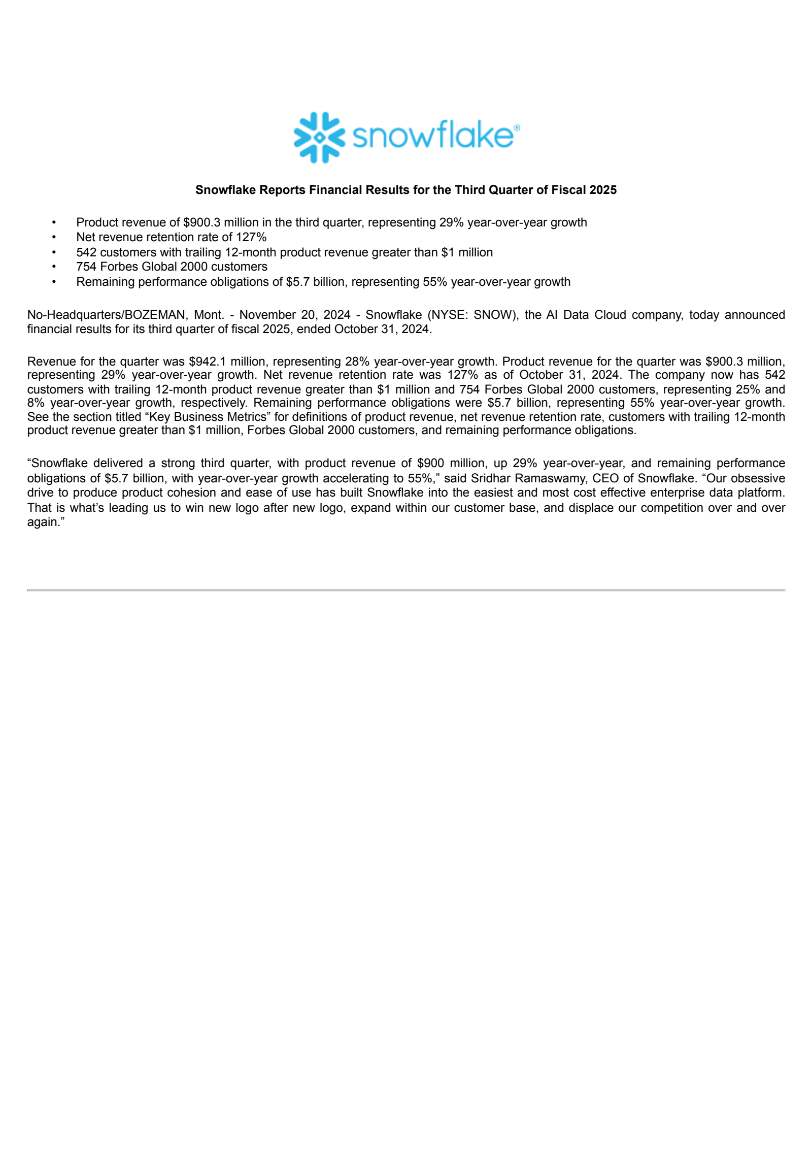 Snowflake's Q3 2025 Press Release