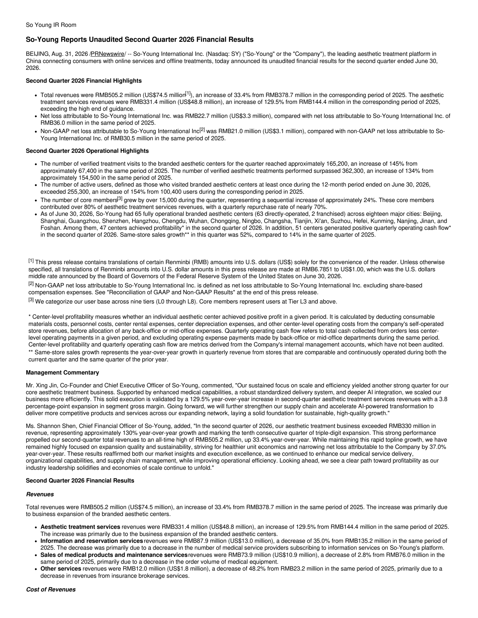 So-Young International's Q2 2026 Press Release